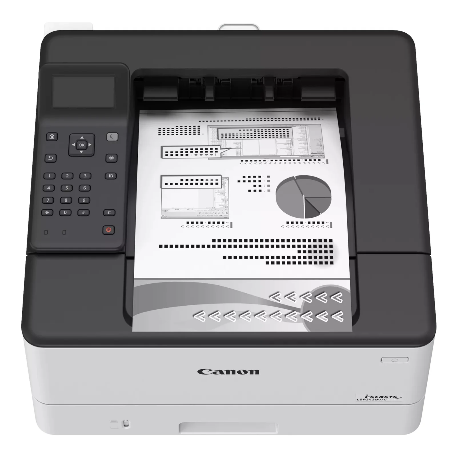 Canon LBP243dw II avec page test imprimée graphique et histogramme dans le bac de sortie