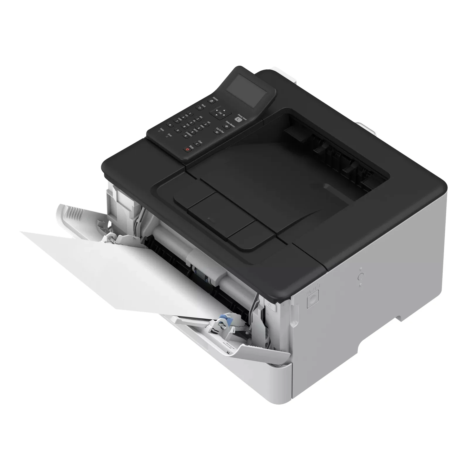 Canon LBP243dw II vue trois quarts avec bac multifonctions ouvert et feuille engagée