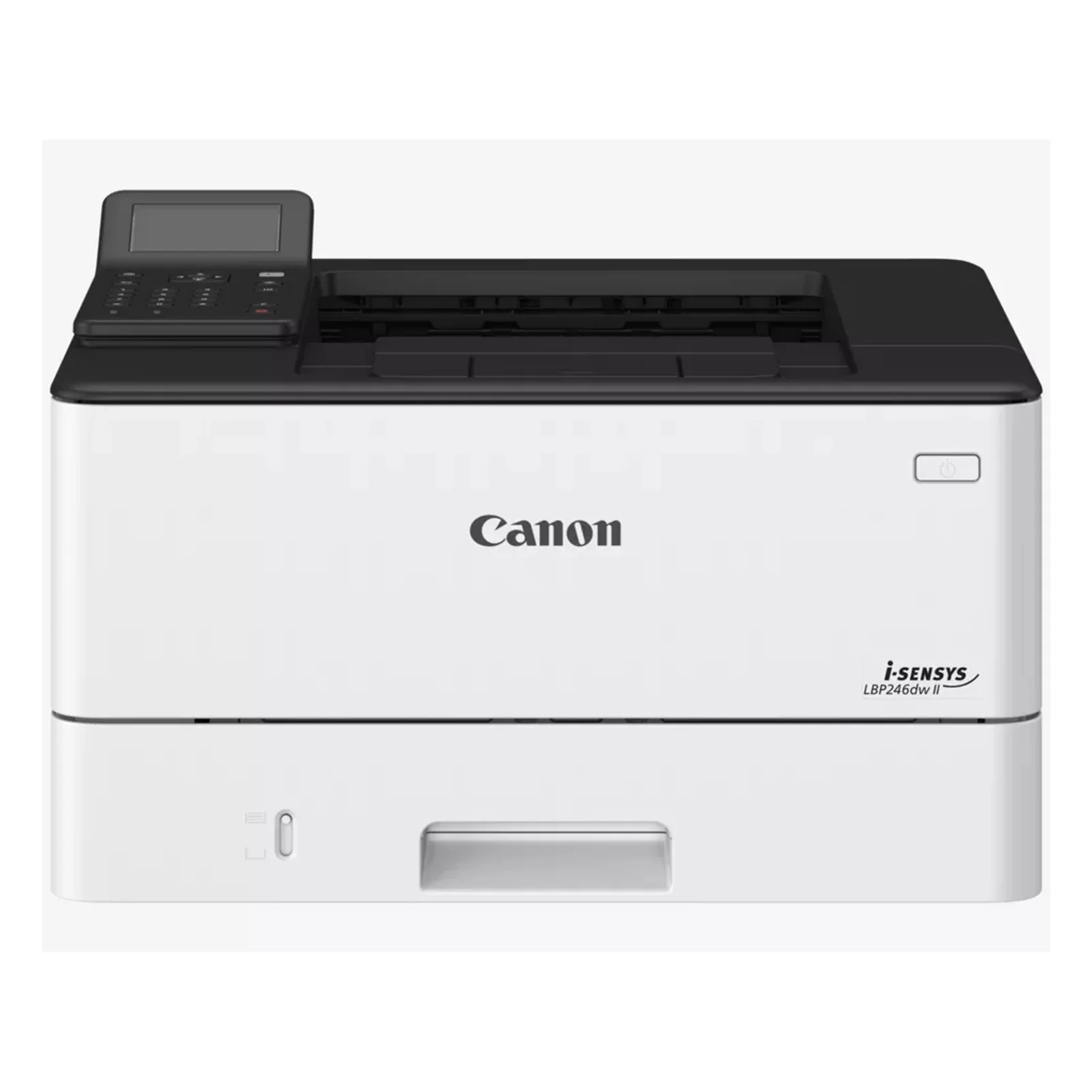 Canon LBP246dw II vue avant avec écran de contrôle relevé et bac réceptacle apparent