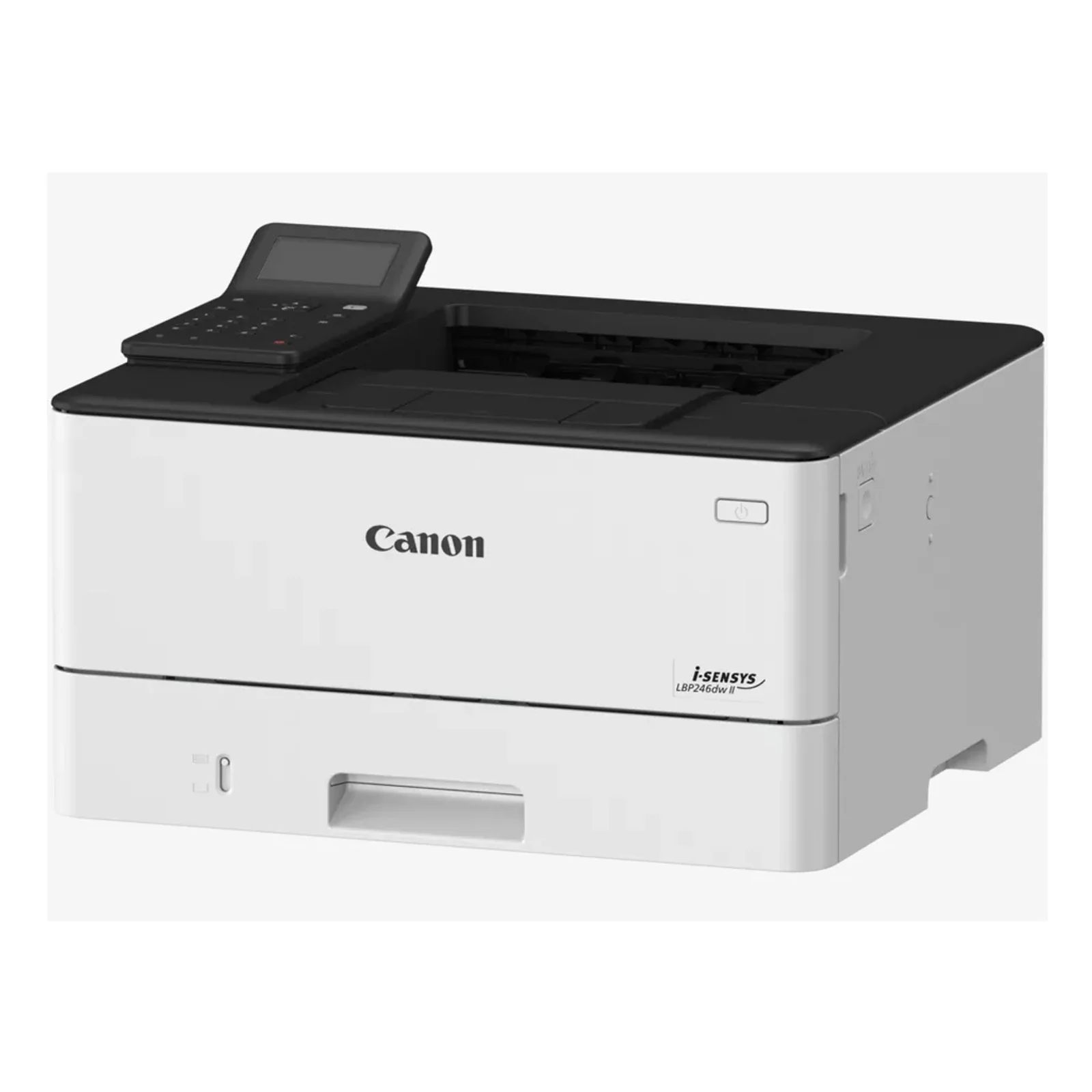 Vue trois quarts de la Canon LBP246dw II avec panneau de commande incliné vers l'utilisateur