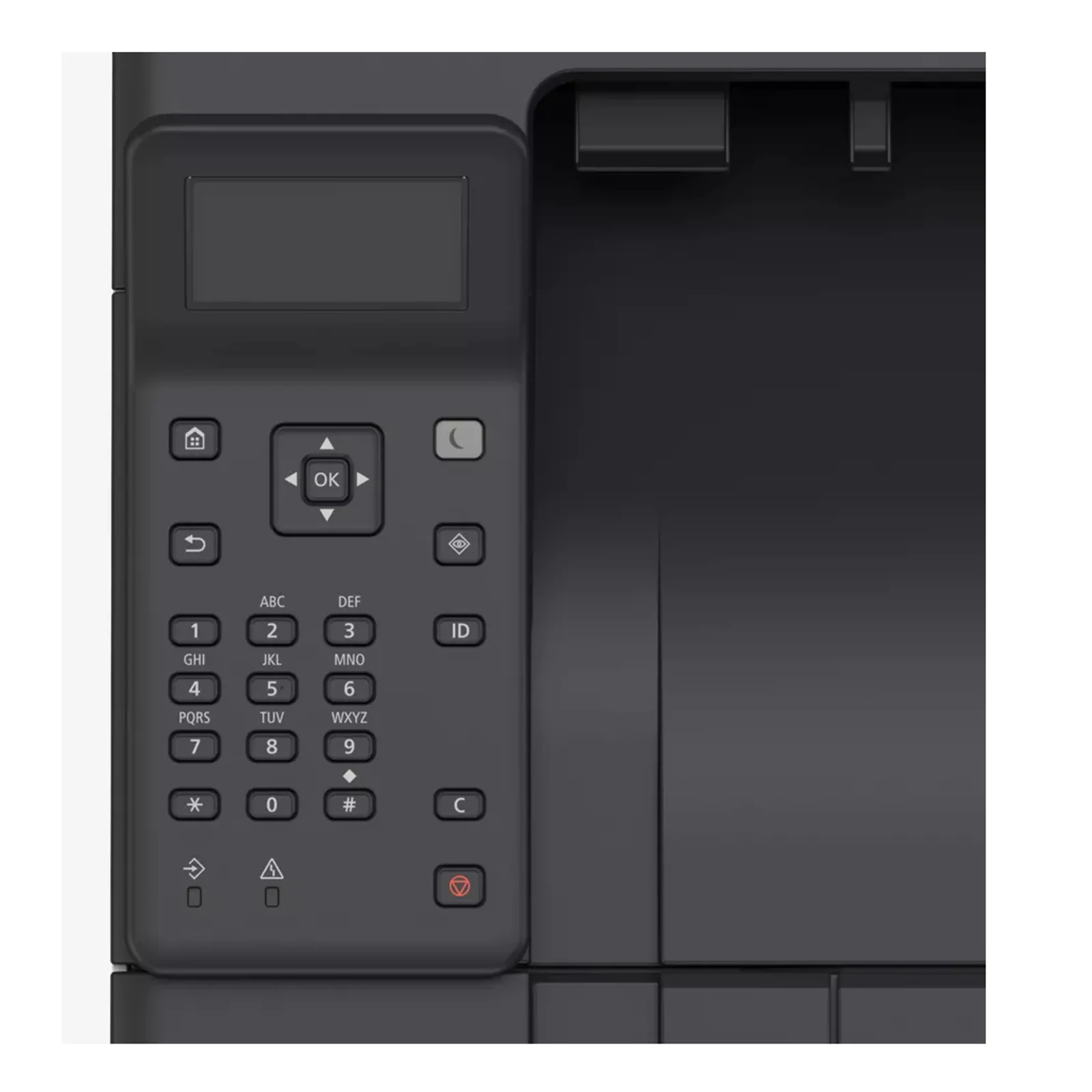 Gros plan sur le panneau de commande de la Canon LBP246dw II avec écran et clavier