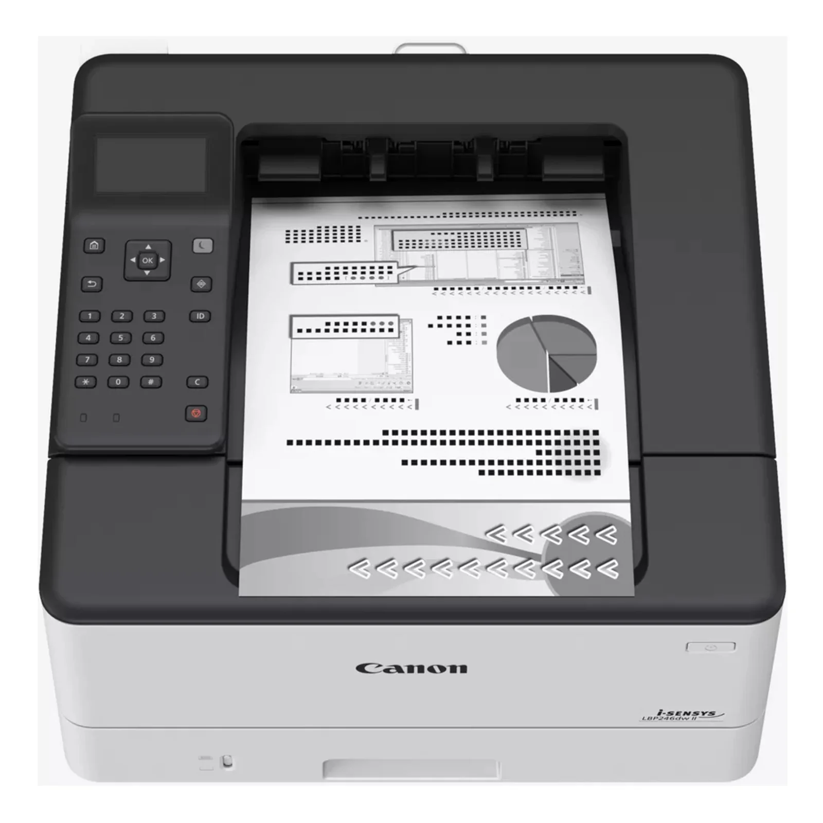 Canon LBP246dw II avec page de test en cours de sortie sur le bac supérieur