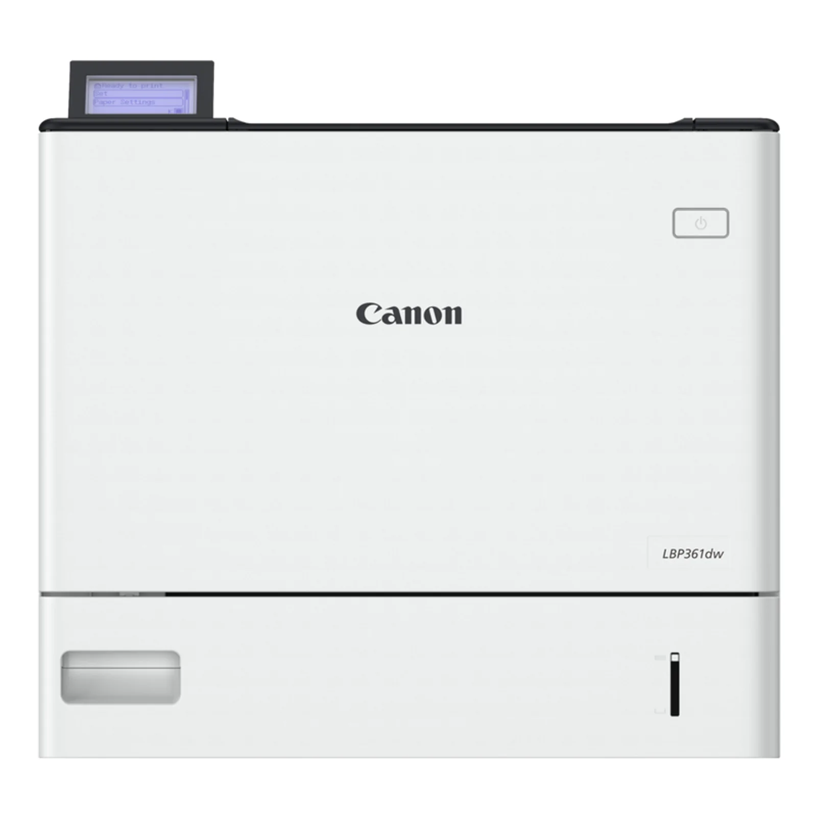 Imprimante Canon LBP361dw vue frontale rapprochée montrant l'écran LCD éclairé en bleu et le bouton d'alimentation