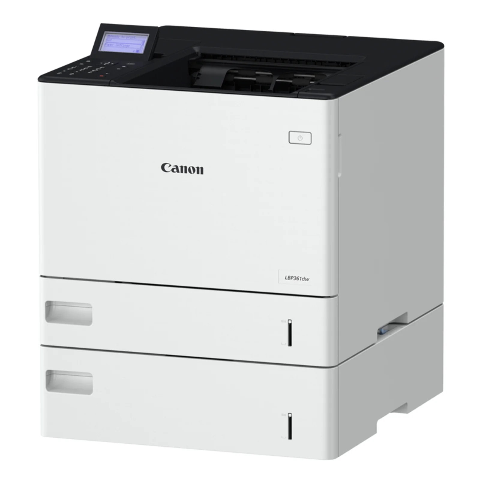 Canon LBP361dw avec bac additionnel installé sous l'imprimante, vue trois quarts montrant deux tiroirs papier