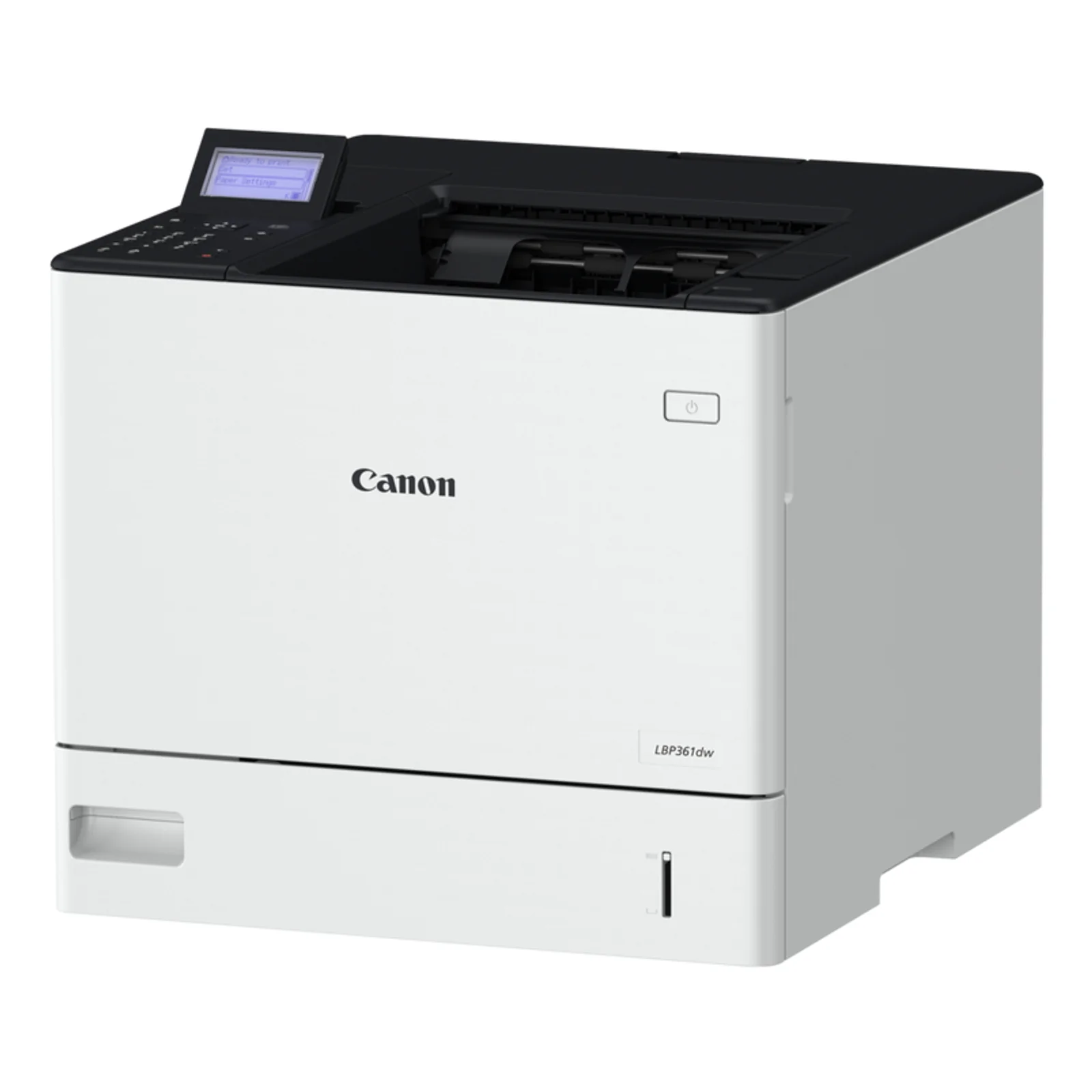 Vue trois quarts de la Canon LBP361dw avec sortie papier visible sur le dessus et panneau de commande latéral