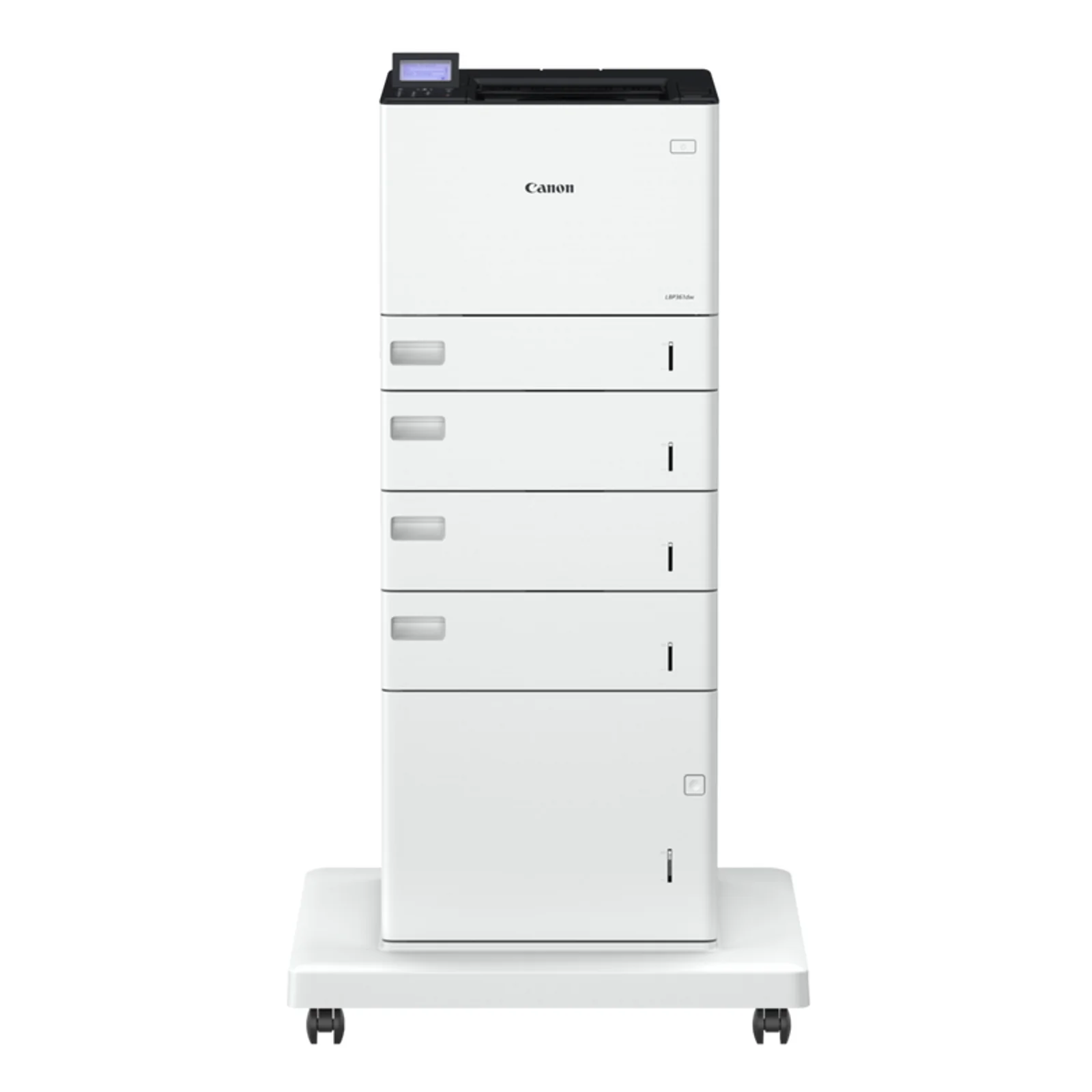 Configuration haute capacité de la Canon LBP361dw avec quatre bacs supplémentaires empilés sur socle à roulettes