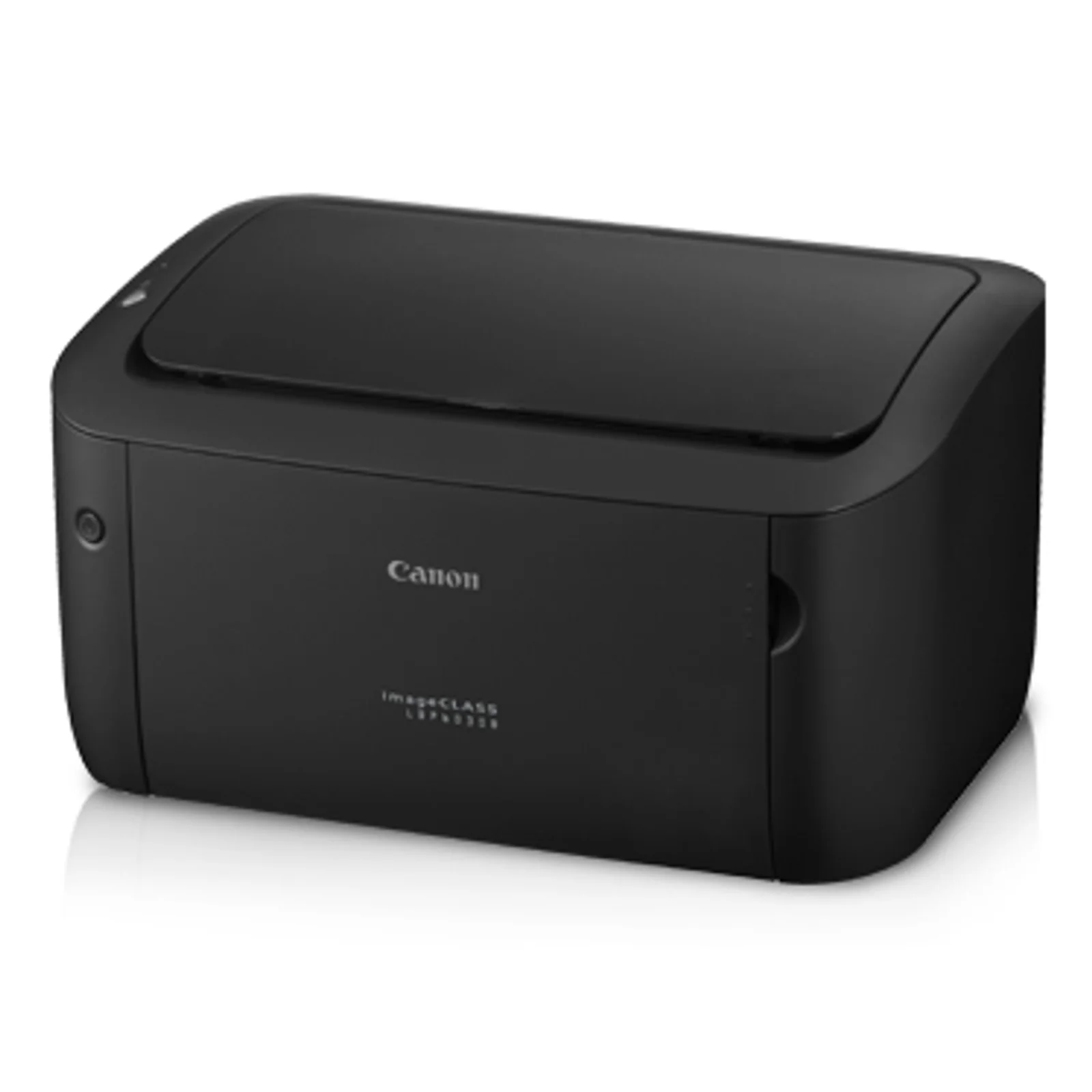 Imprimante laser Canon LBP6030B noire vue de trois quarts, châssis compact monobloc avec bouton d'alimentation latéral