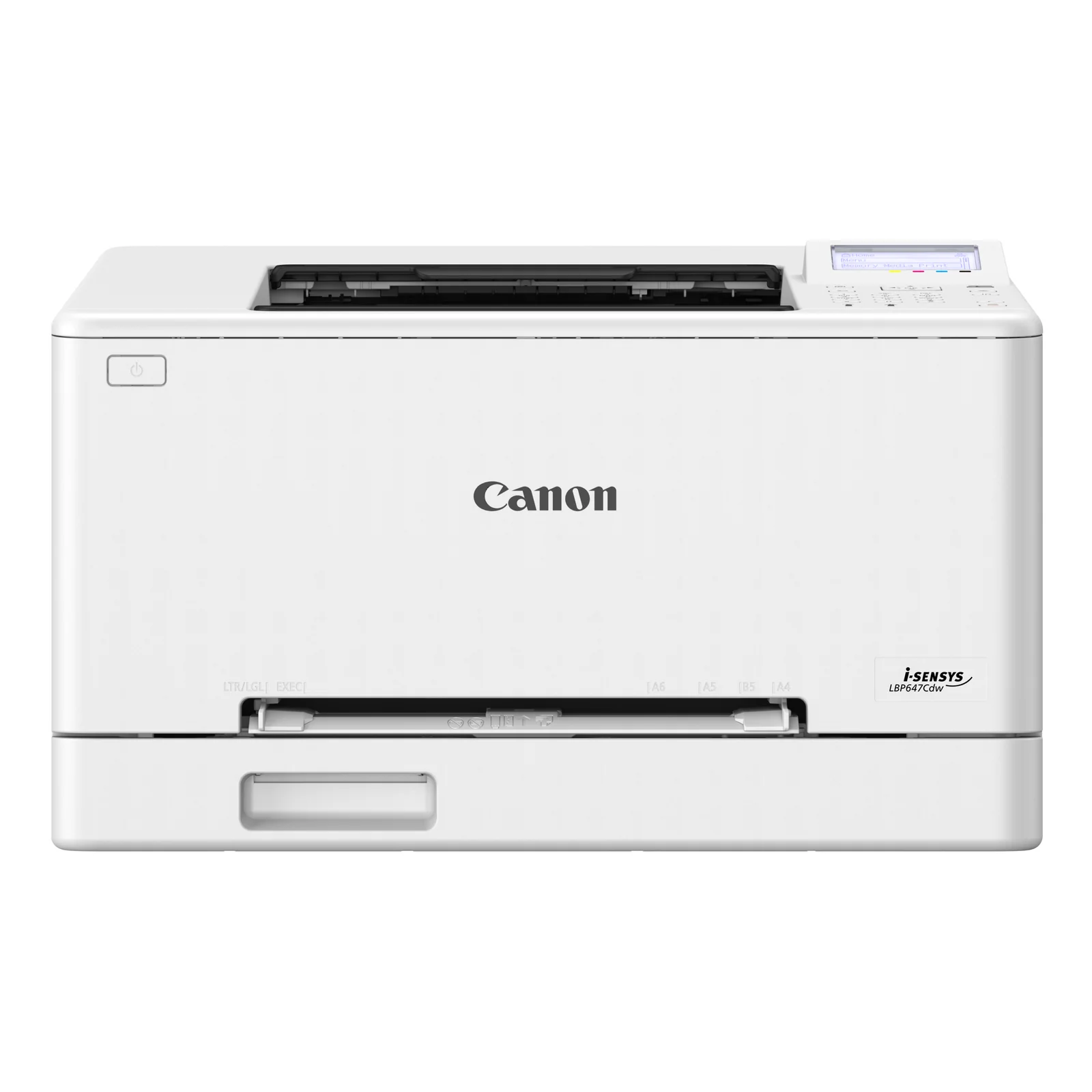 Vue frontale du laser couleur Canon LBP647Cdw blanc avec affichage LCD allumé et tableau de commande à droite