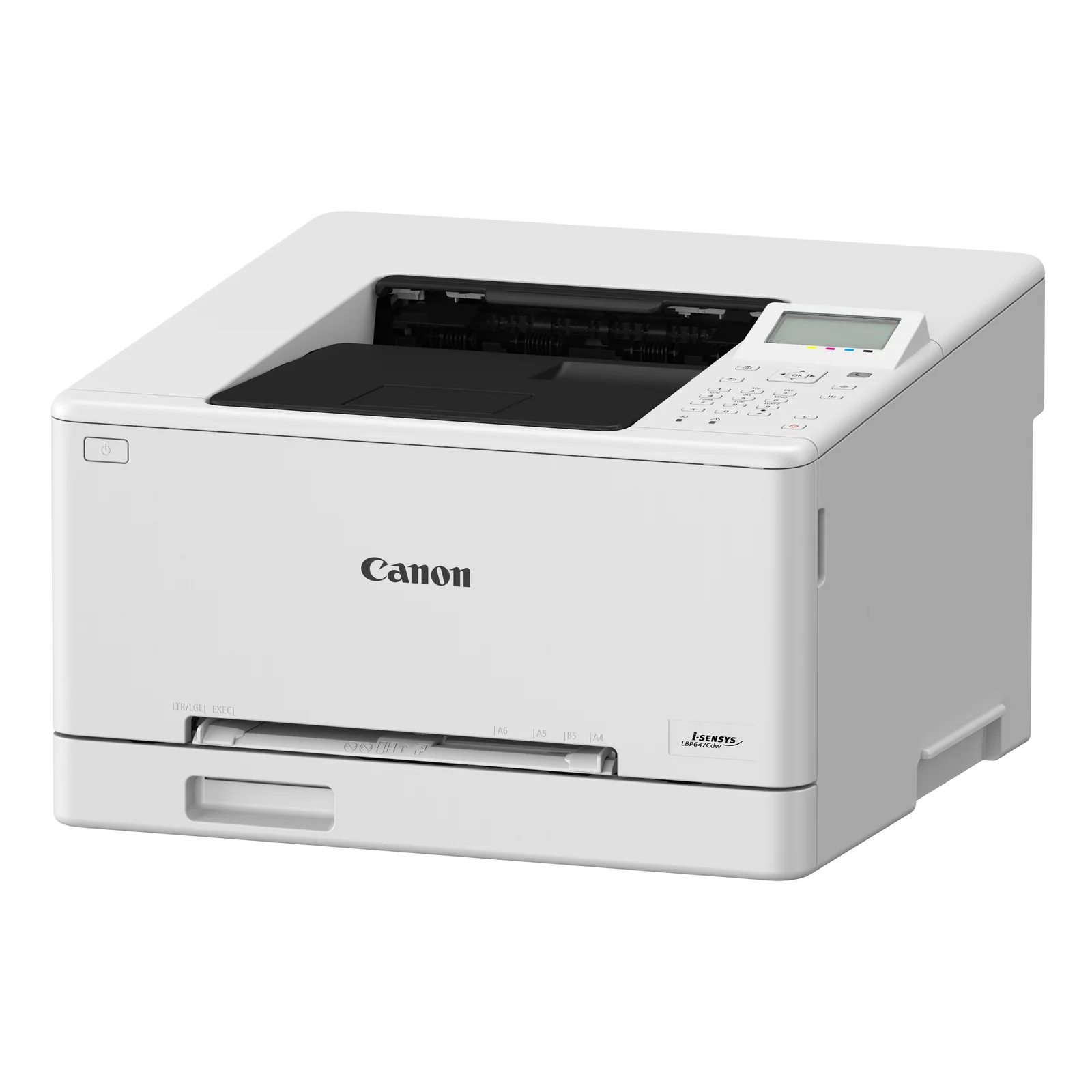 Canon i-SENSYS LBP647Cdw vue trois quarts droite montrant le boîtier blanc et la zone de sortie noire