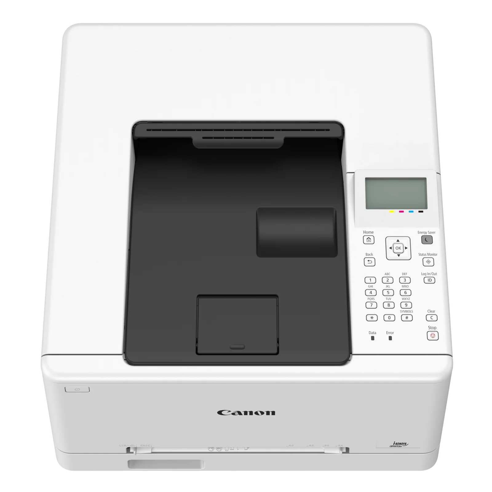 Vue plongeante de la LBP647Cdw avec pavé numérique, touches Home, Energy Saver et bac de réception