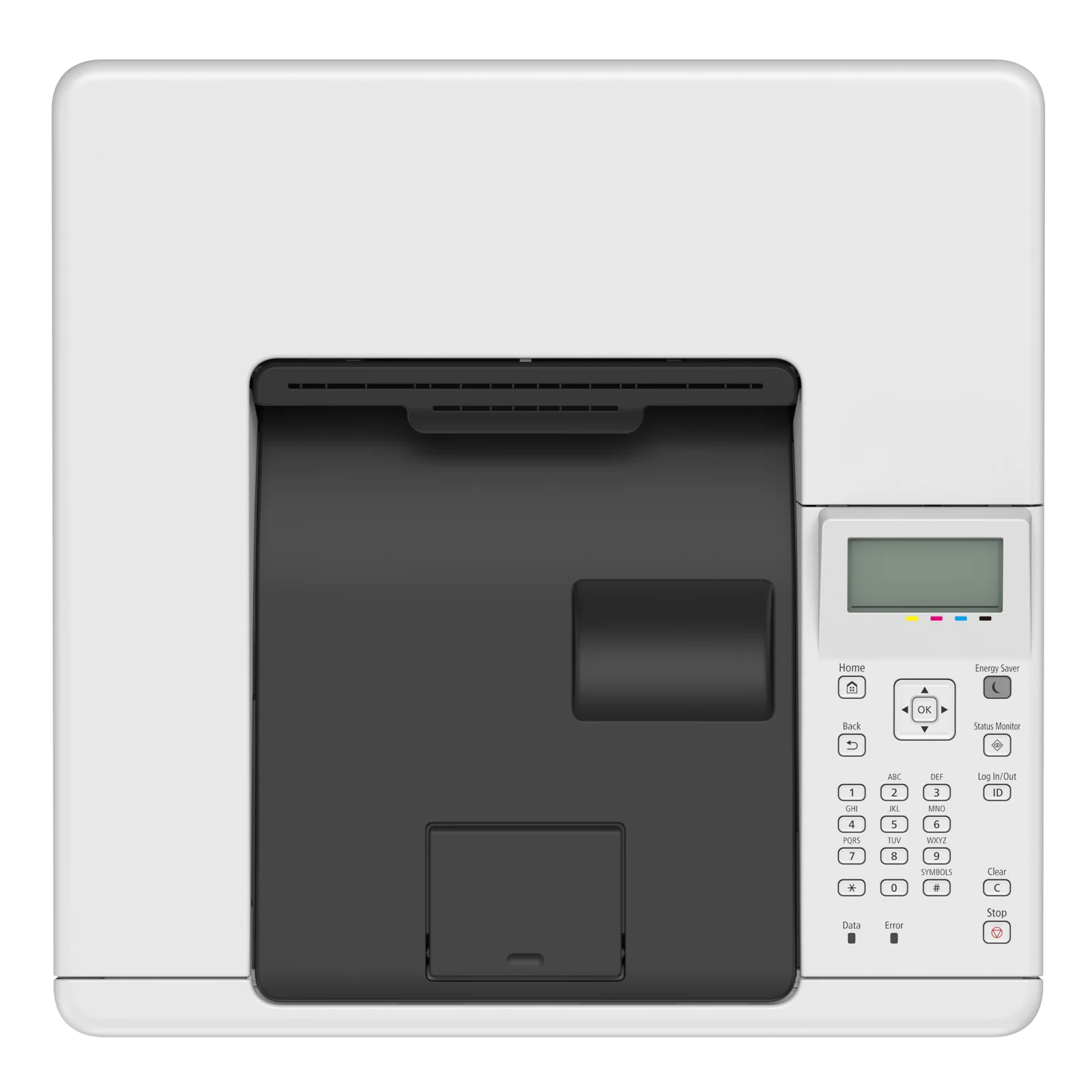 Vue de dessus du Canon LBP647Cdw avec écran LCD, voyants couleur et clavier numérique complet