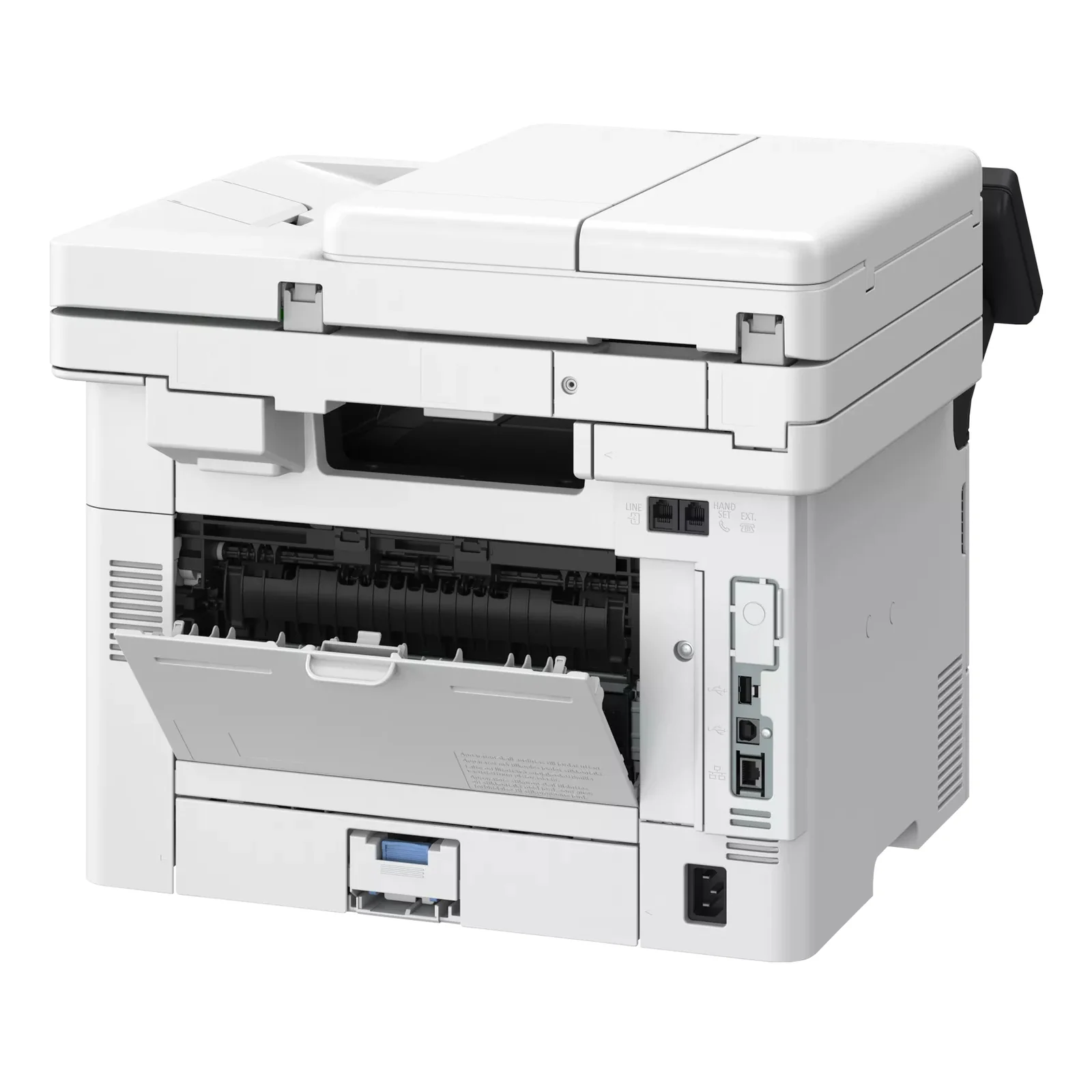 Main bleue d'opérateur récupérant un document imprimé sur le chargeur ADF du Canon MF461dw II, écran tactile en façade