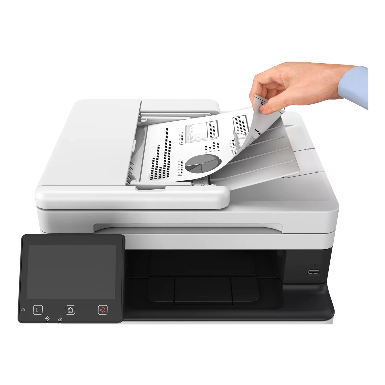 Canon MF461dw II en vue de dessus, capot du chargeur de documents fermé, partie supérieure entièrement blanche