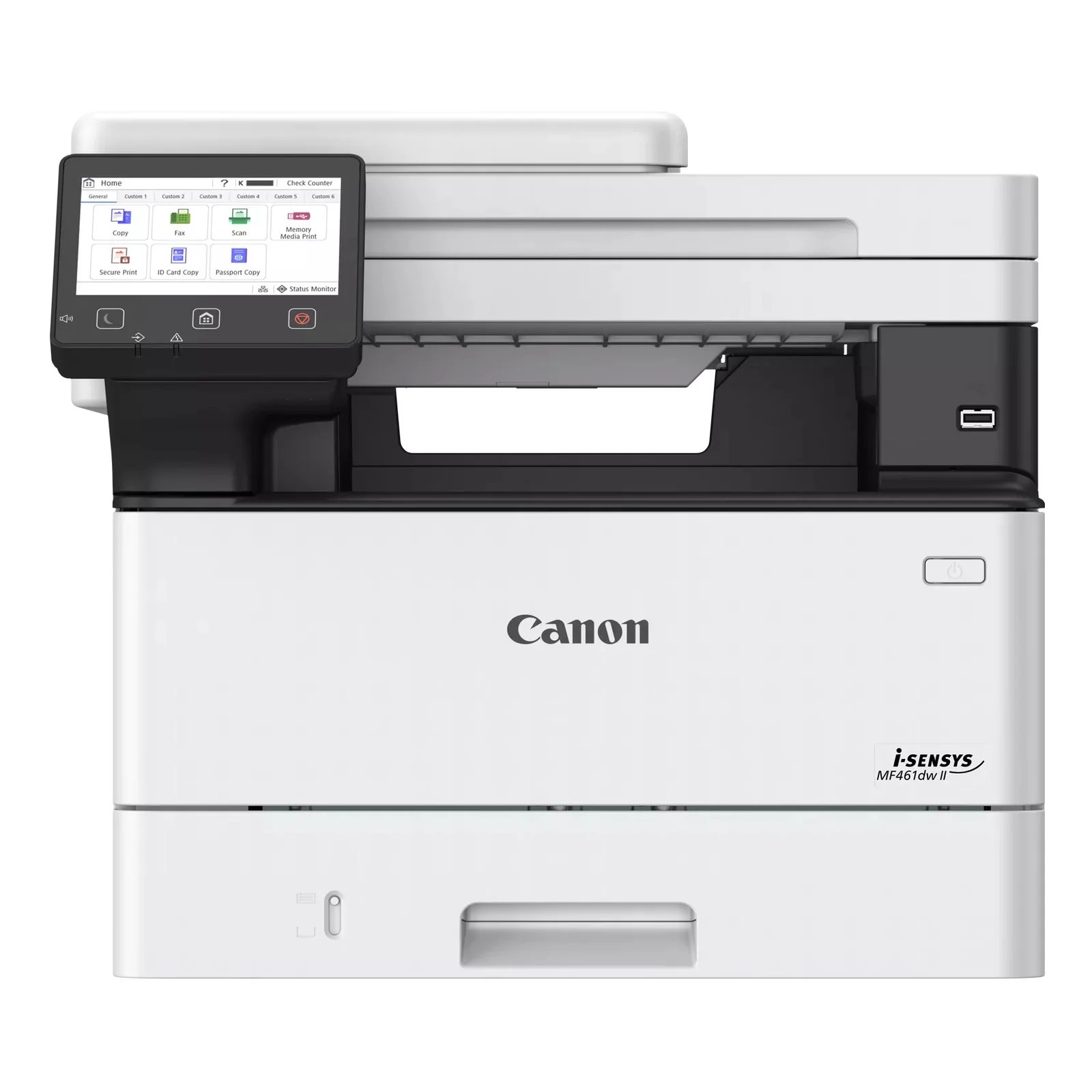 Multifonction Canon MF461dw II en perspective trois quarts montrant le bac de sortie et la fente d'impression directe USB