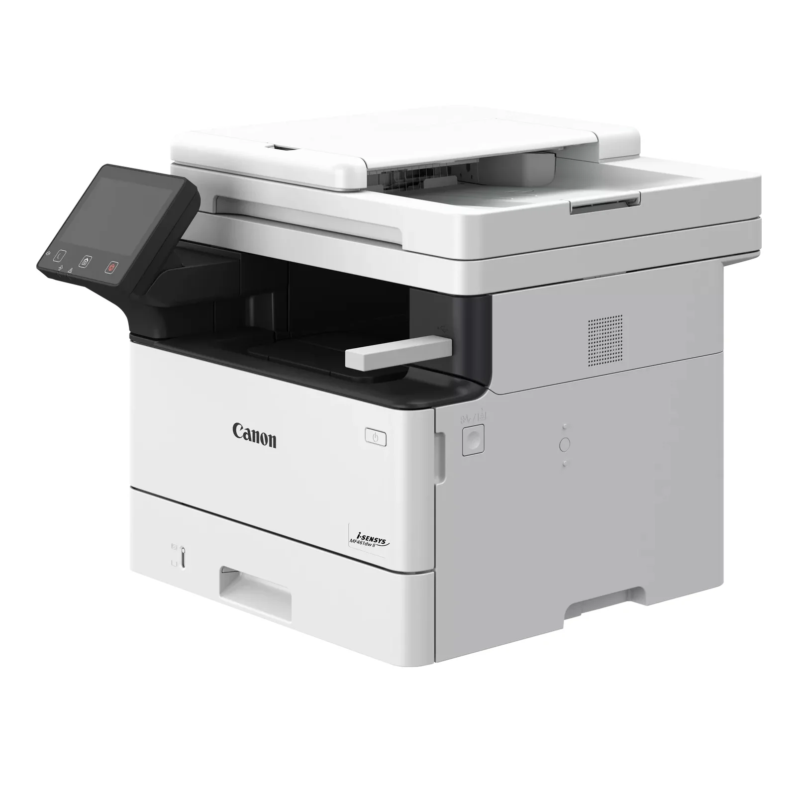 Canon MF461dw II vue de face avec capot avant ouvert exposant la cartouche de toner noir et le tambour interne