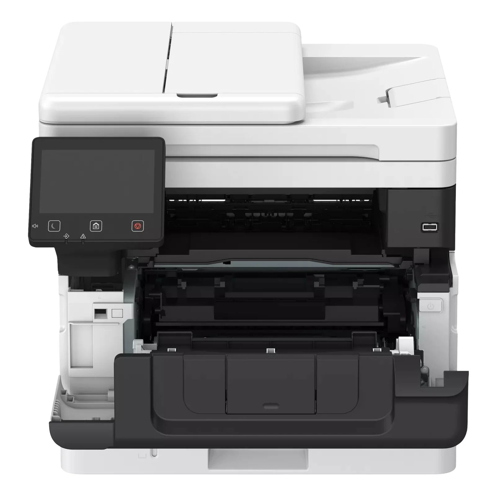 Canon MF461dw II en vue trois quarts capot avant ouvert, ensemble toner et tambour partiellement extrait