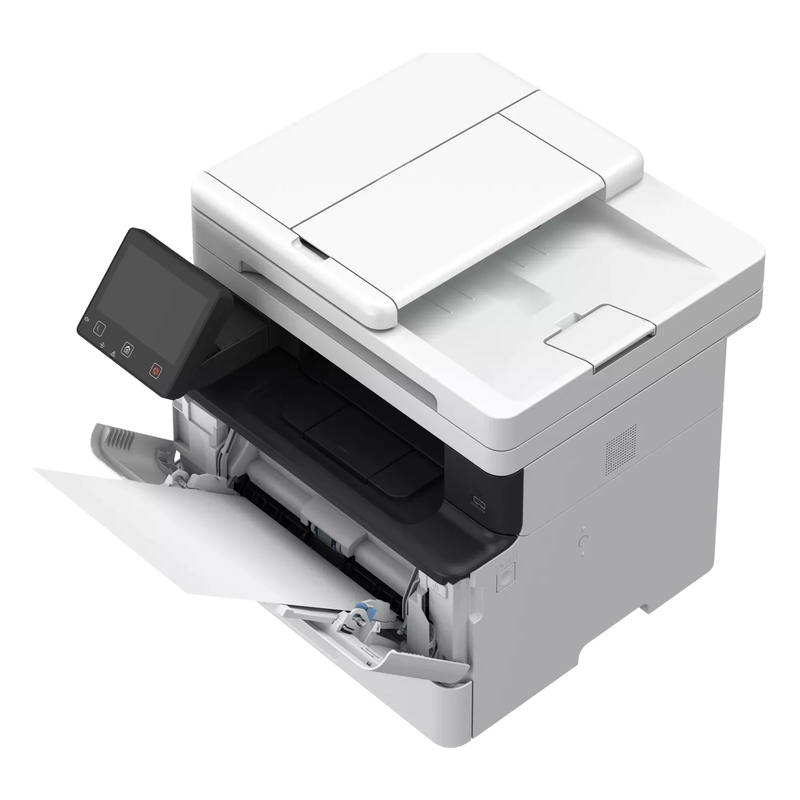 Canon i-SENSYS MF463dw II avec bac multifonction ouvert sur le côté et page sortie en façade