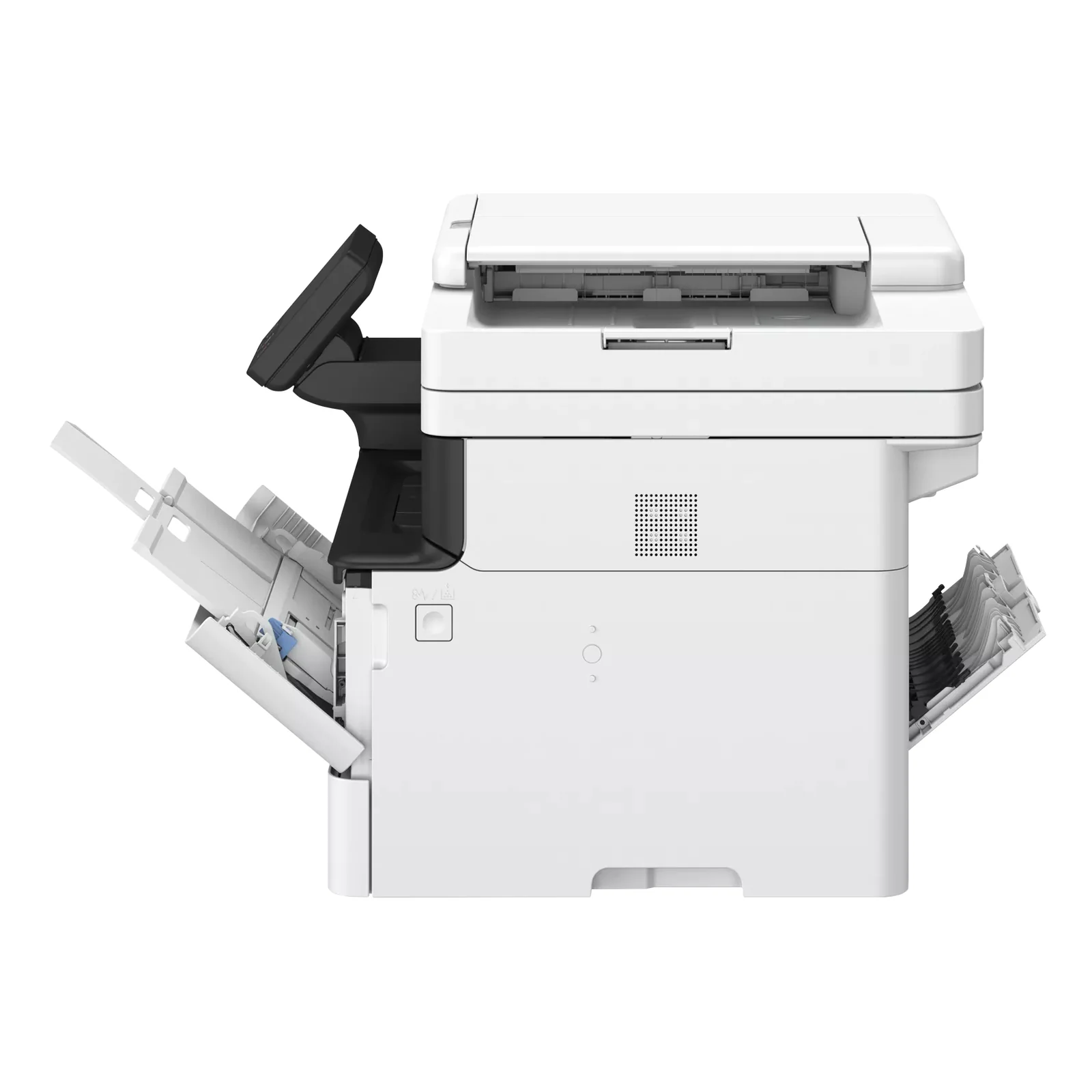 Canon i-SENSYS MF463dw II vue de dessus avec bacs latéraux et arrière déployés pour formats spéciaux