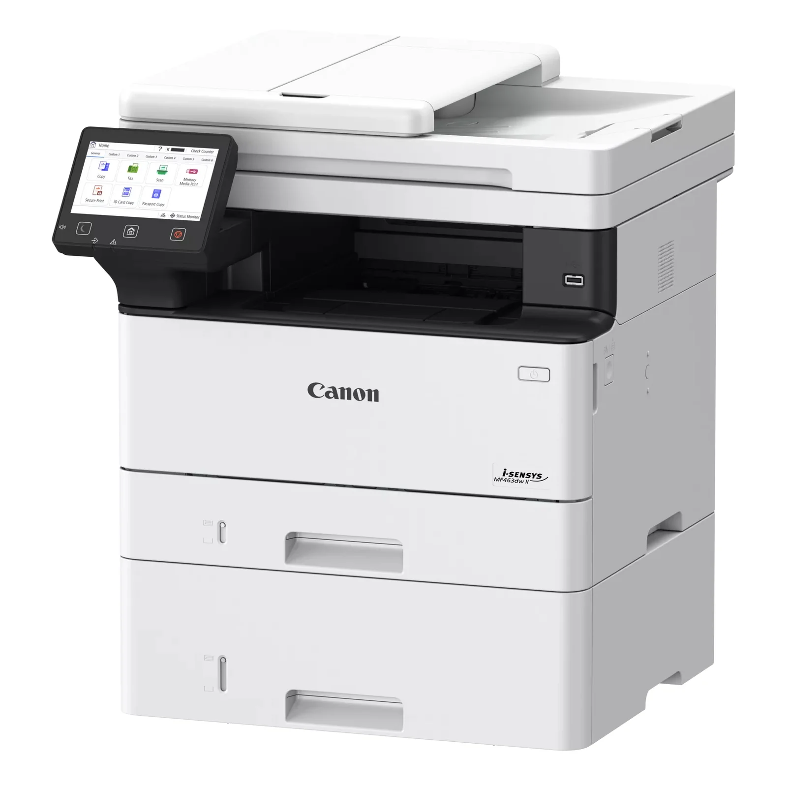 Canon i-SENSYS MF463dw II vue trois quarts avec écran tactile inclinable et deux cassettes papier