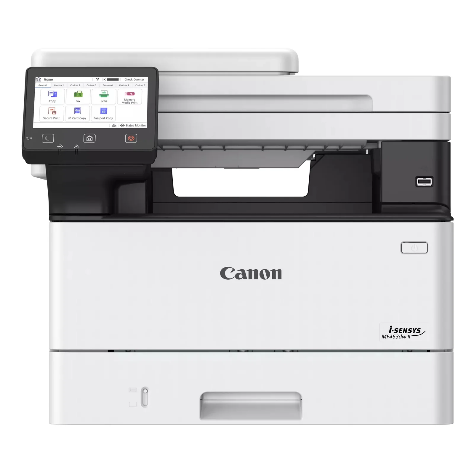Canon i-SENSYS MF463dw II face avant écran tactile affichant les raccourcis Copy Fax Scan Memory