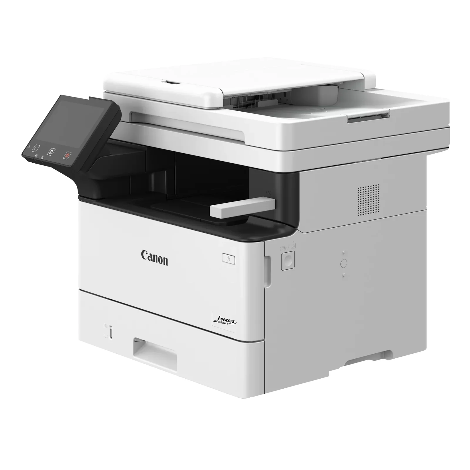 Canon i-SENSYS MF463dw II vue trois quarts capot supérieur fermé avec un seul bac papier visible