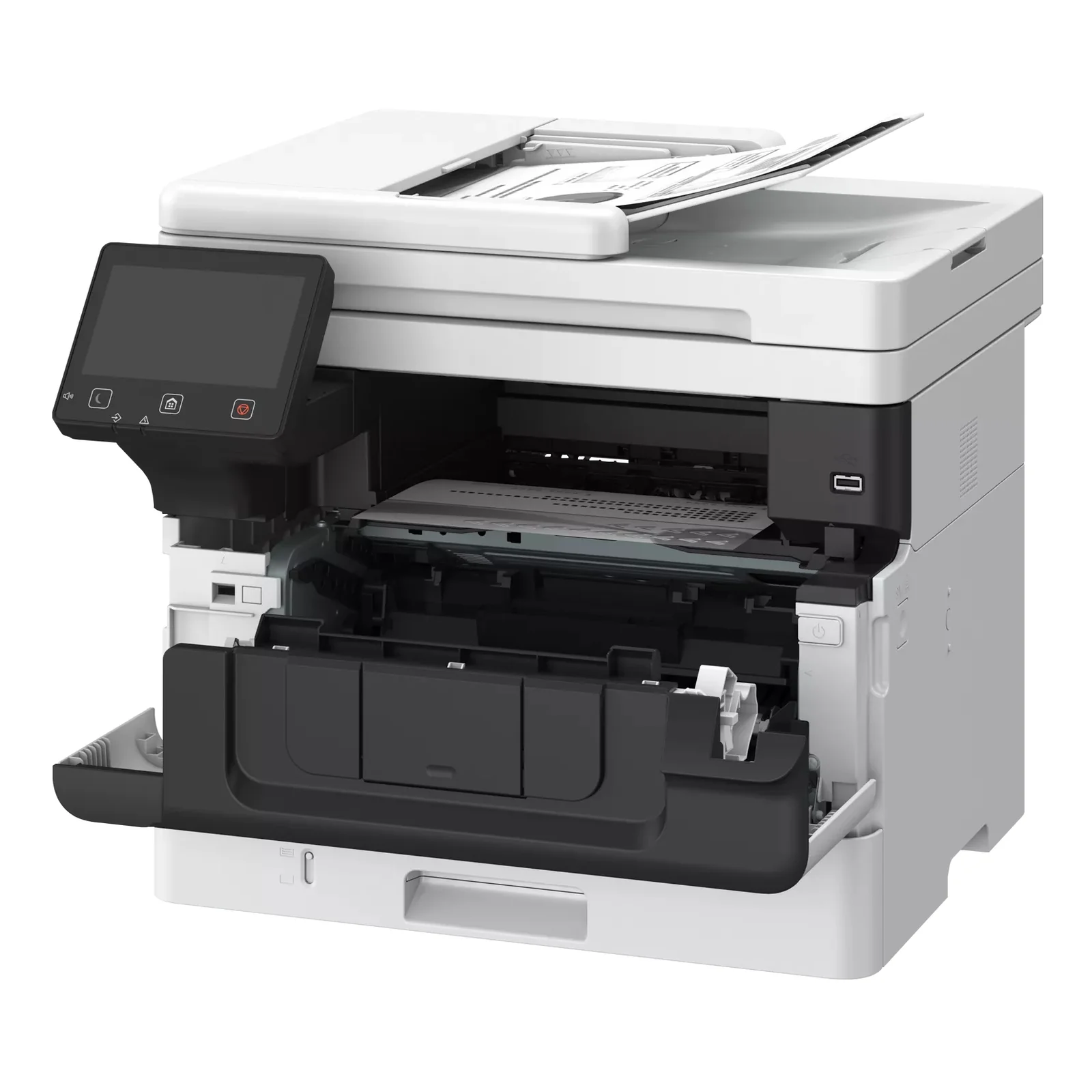 Canon i-SENSYS MF463dw II vue trois quarts capot avant ouvert sur le bloc tambour laser