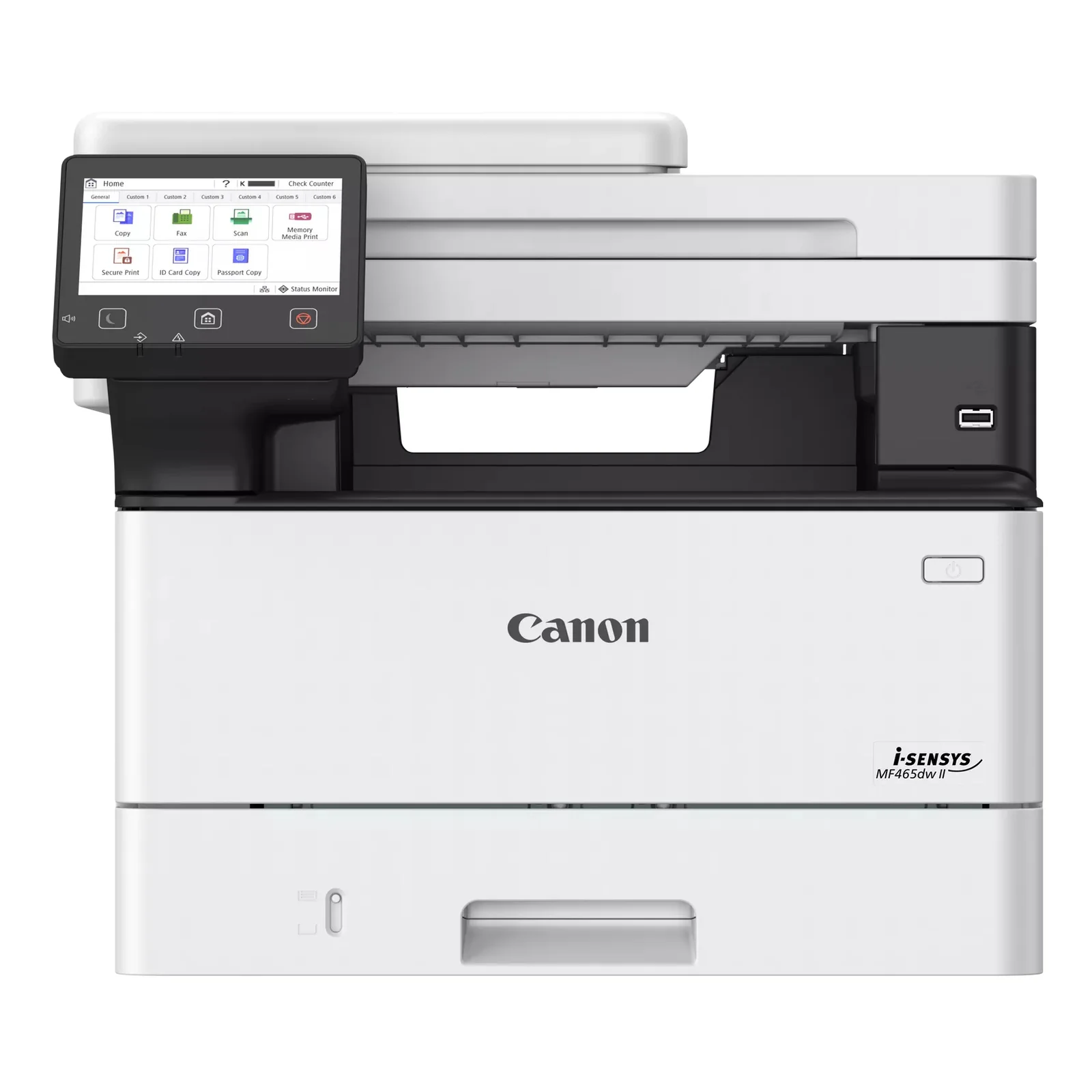 Canon MF465dw II vu de face avec écran tactile sur le côté gauche affichant l'écran d'accueil et les fonctions copie, fax et scan