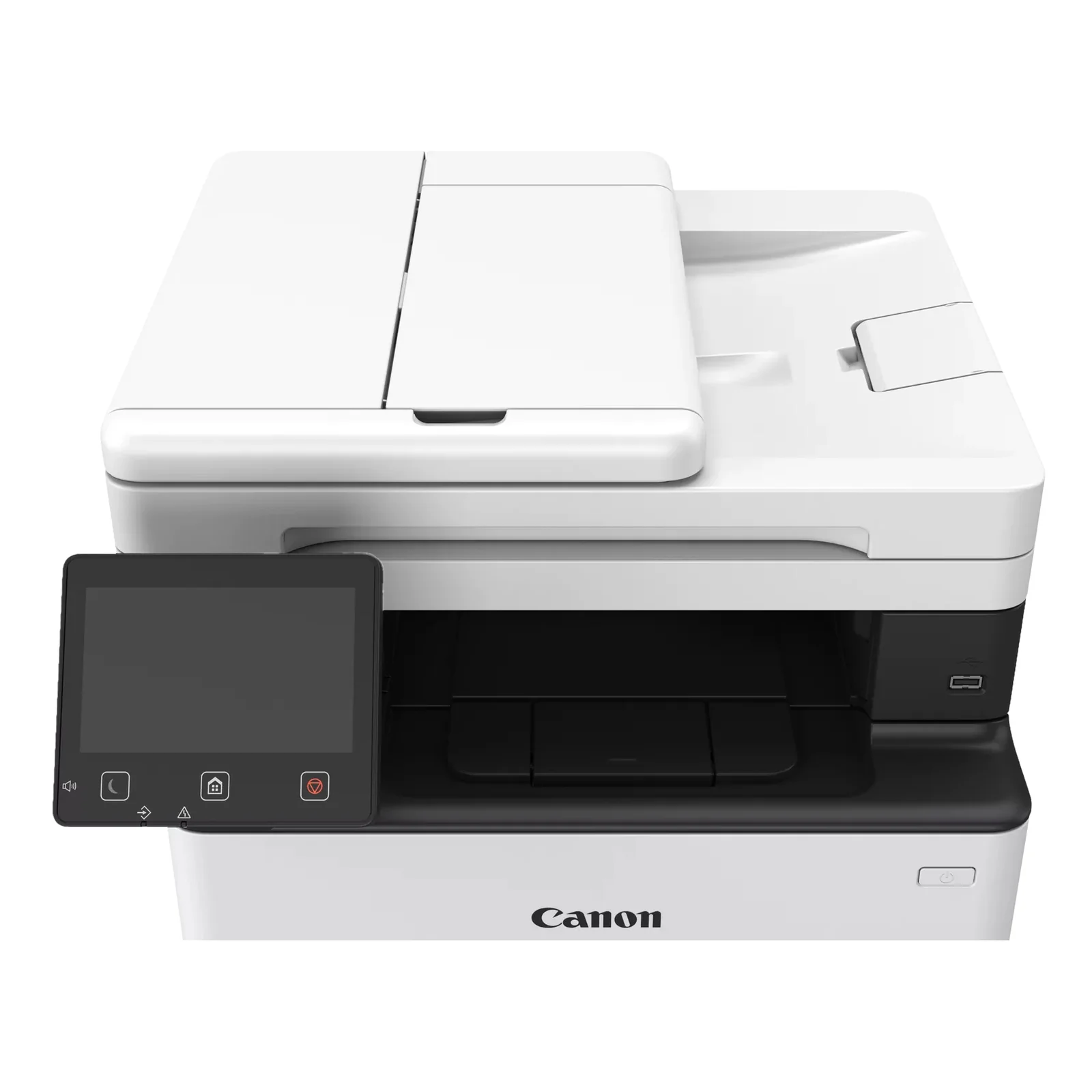 Vue de dessus du Canon MF465dw II avec capot scanner fermé et écran tactile rabattu vers le bas