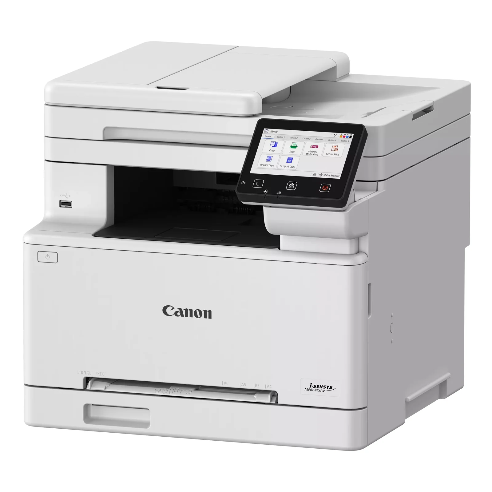 Canon i-SENSYS MF664Cdw en perspective trois quarts gauche, châssis blanc et bandeau de commande tactile