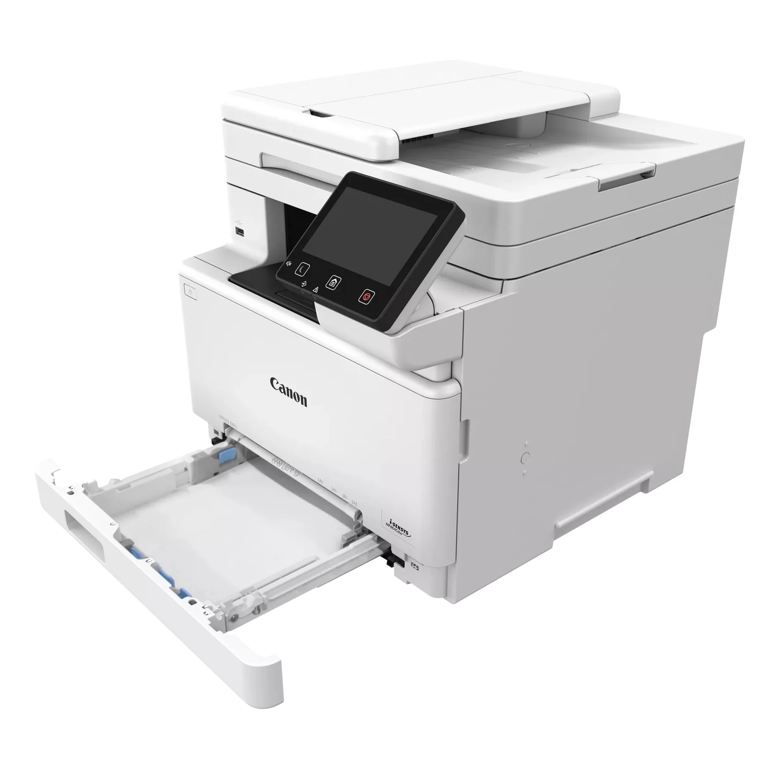 MF664Cdw avec bac papier inférieur ouvert et guides bleus visibles sur le tiroir