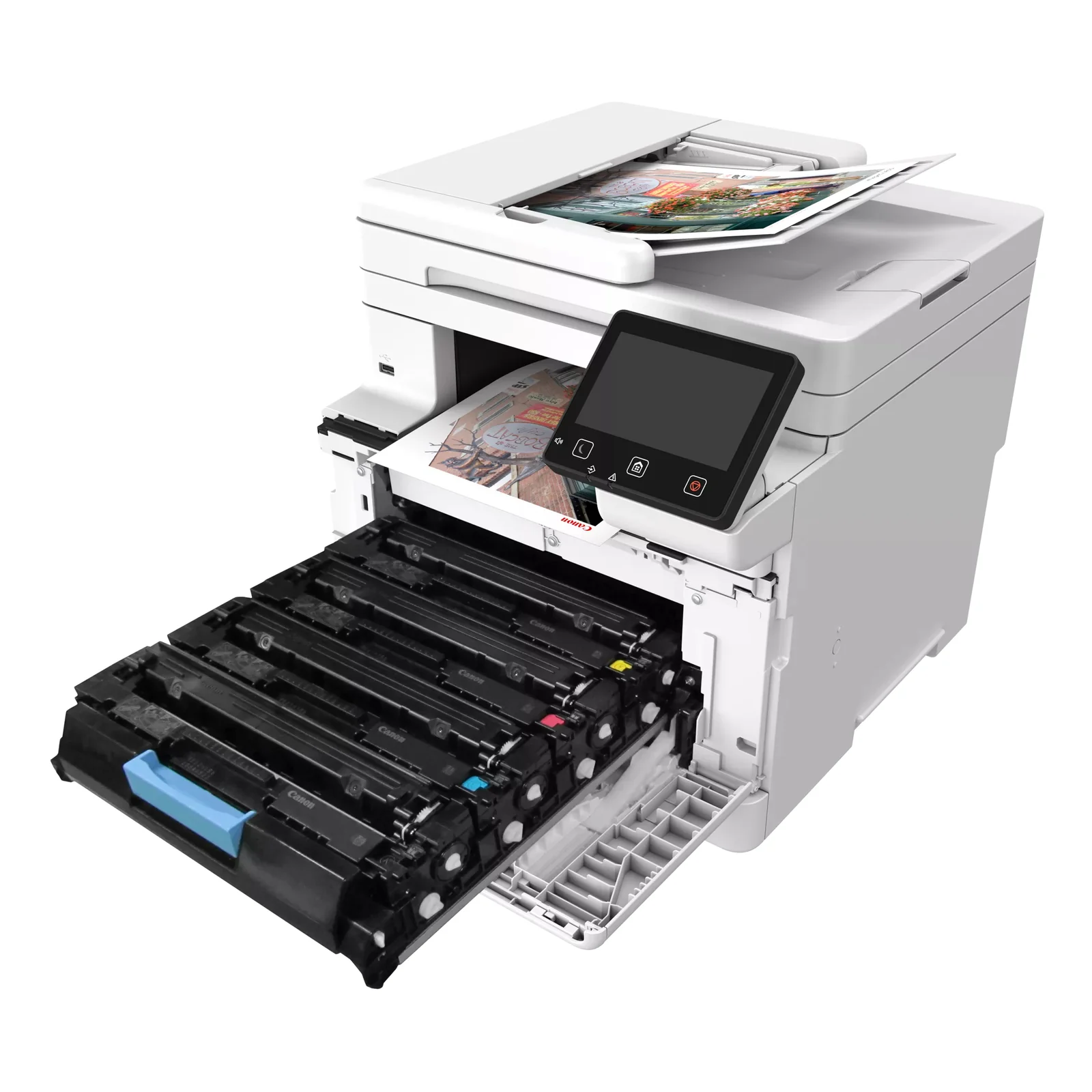 MF664Cdw imprimant des photos couleur sortant par le bac avec cartouches CMJN visibles