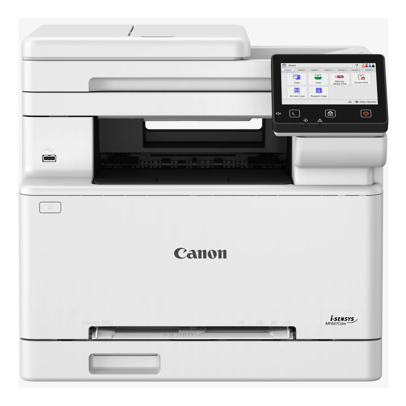 Vue frontale du multifonction Canon MF667Cdw avec bandeau d'icônes CMJN et écran tactile