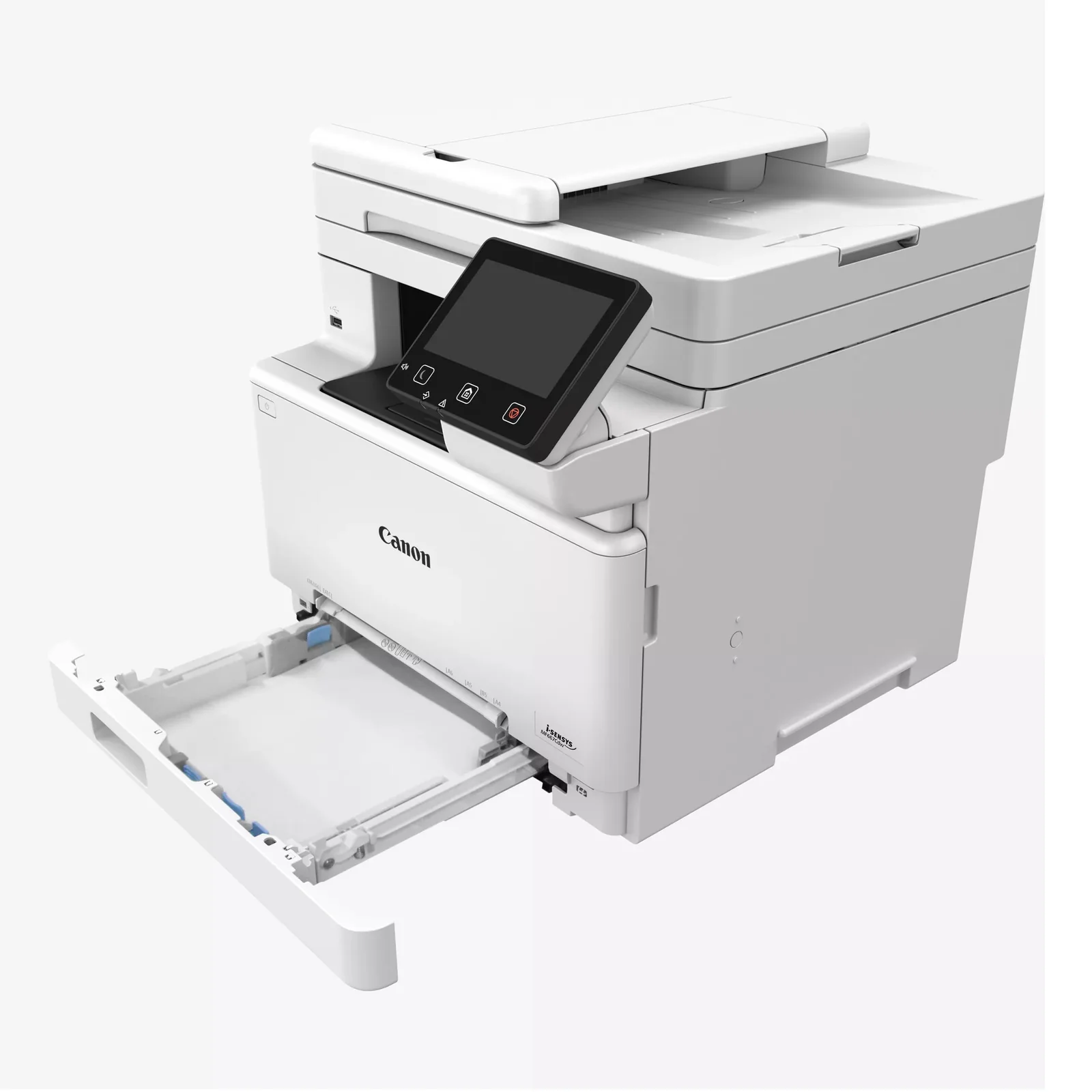 Canon MF667Cdw avec bac papier ouvert chargé en feuilles A4