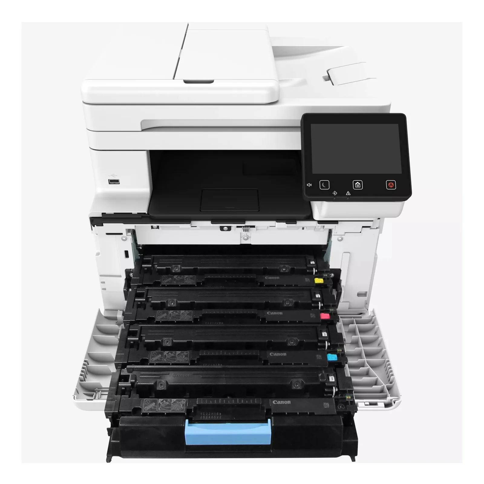 Trappe avant du MF667Cdw ouverte exposant les quatre cartouches de toner CMJN