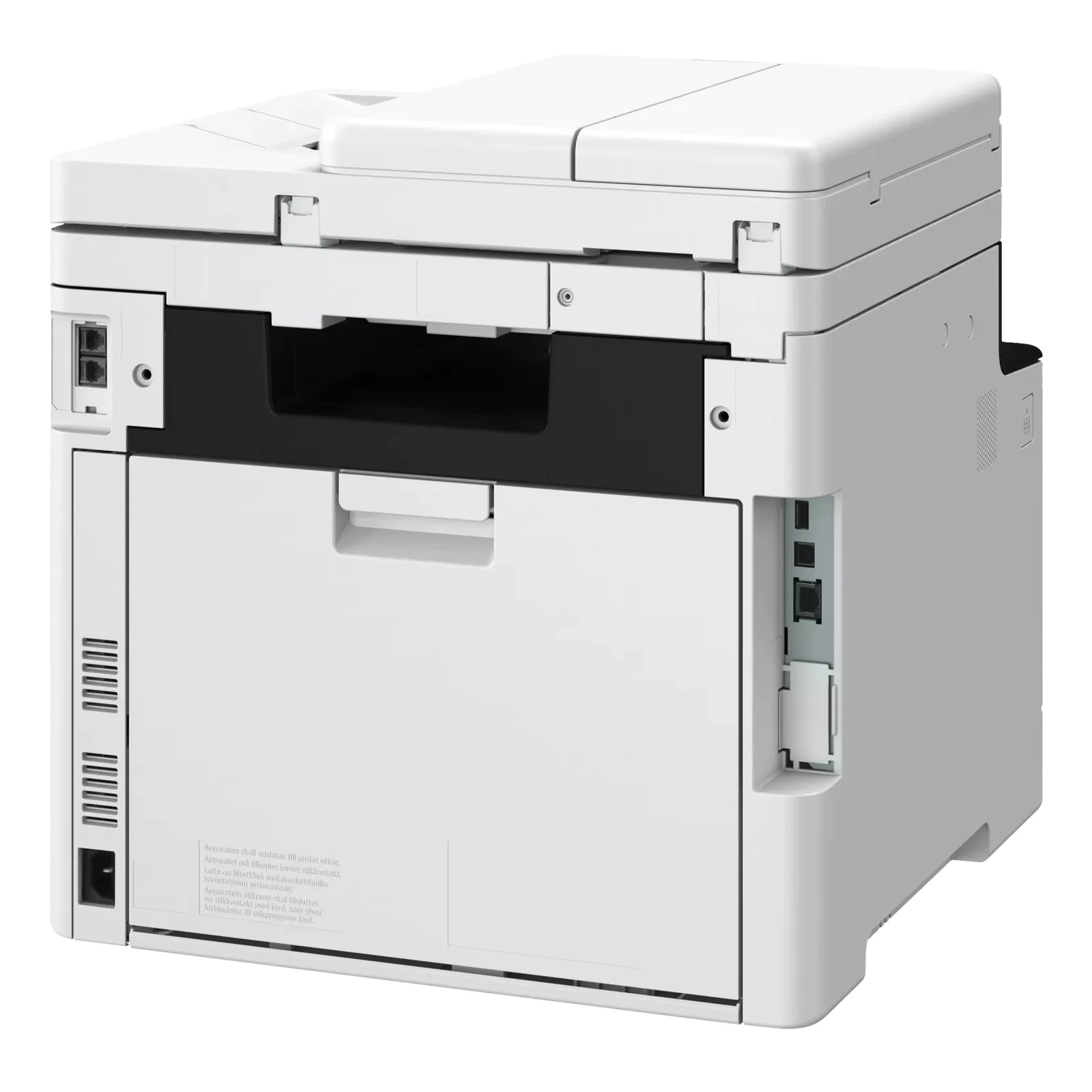 Multifonction Canon MF754Cdw II vu de trois quarts arrière avec ports Ethernet, USB et prise d'alimentation visibles sur le côté