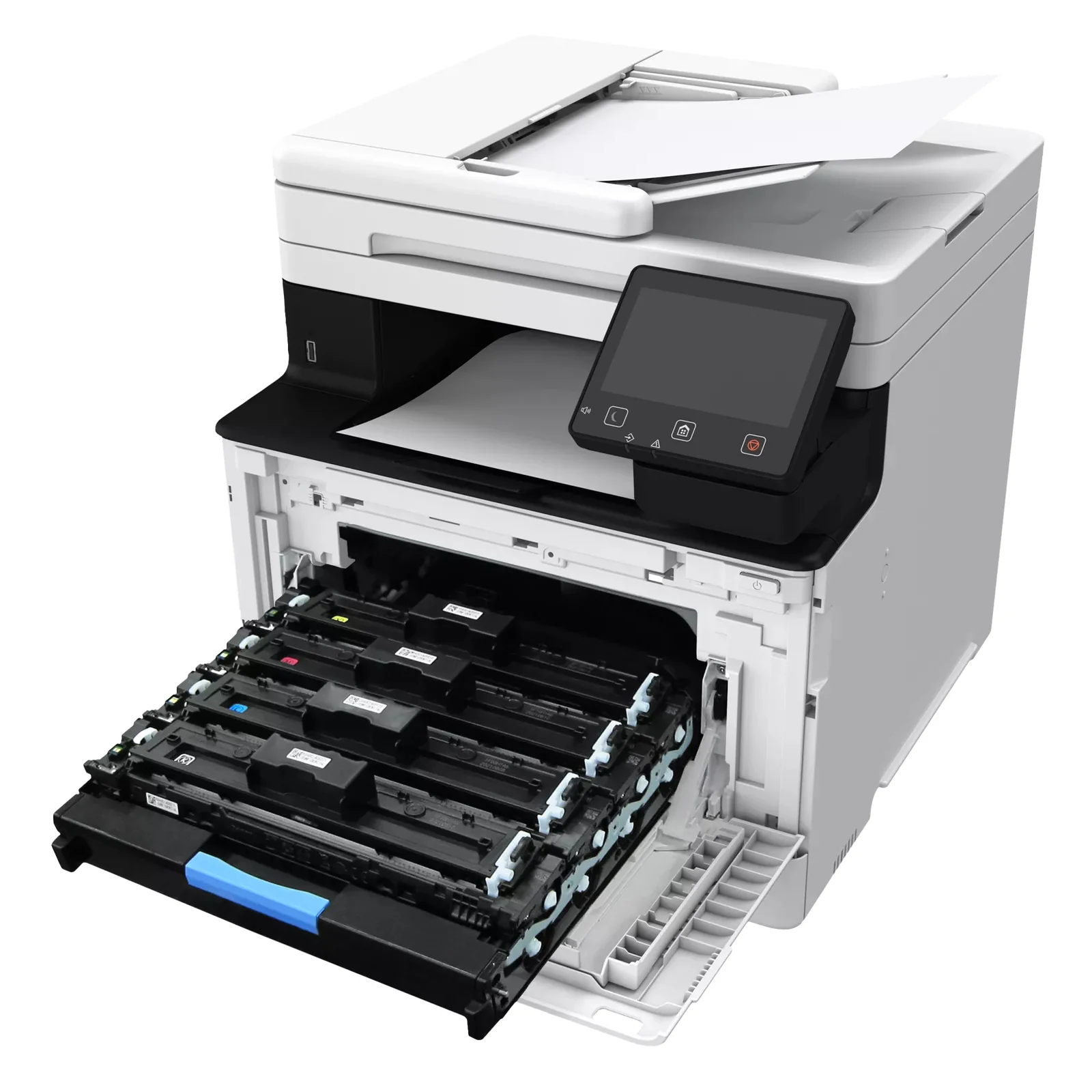 Canon MF754Cdw II en perspective avec tiroir avant ouvert exposant les quatre cartouches de toner couleur cyan, magenta, jaune et noir