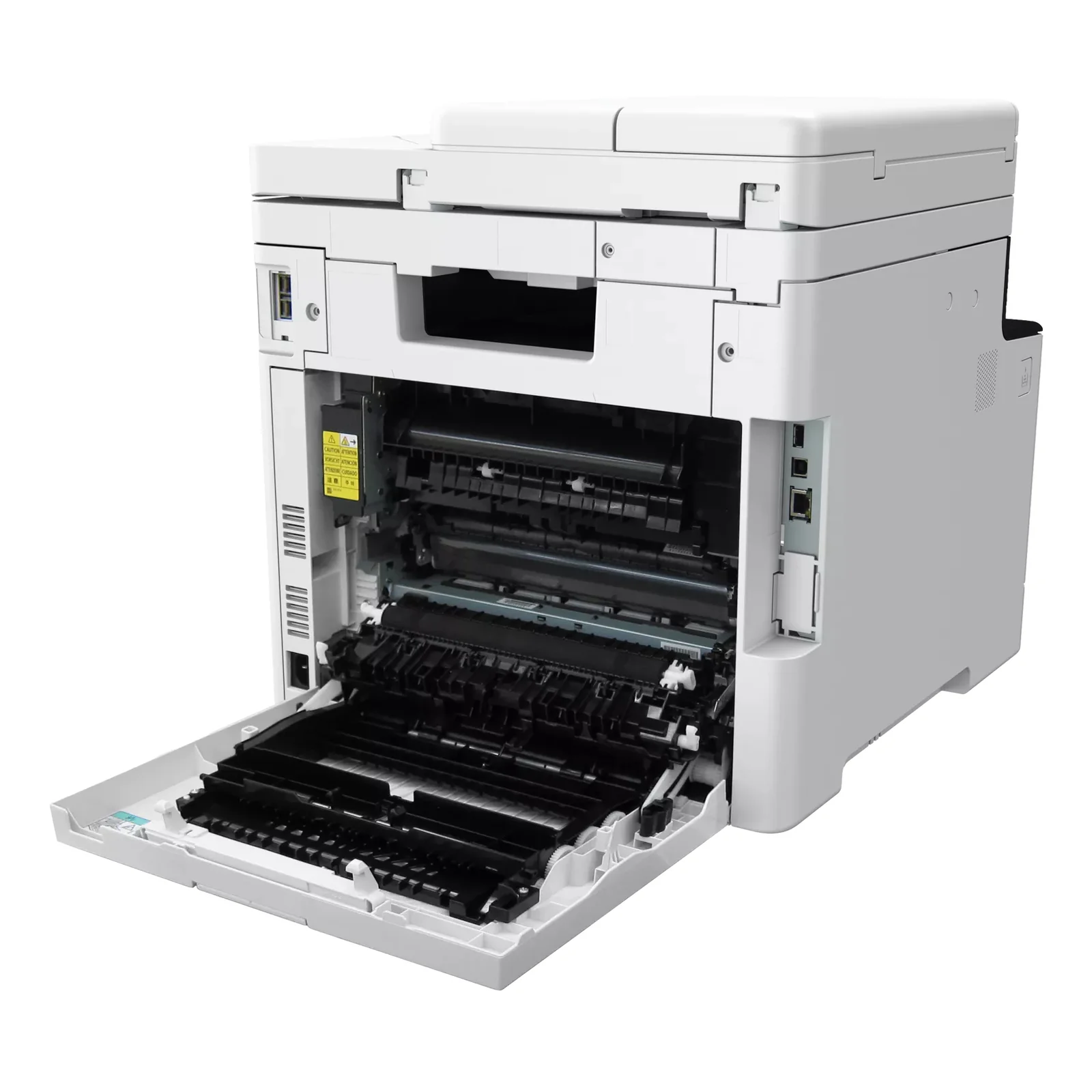 Multifonction Canon MF754Cdw II vu de l'arrière, capot duplex ouvert montrant le module fuser et le chemin papier interne