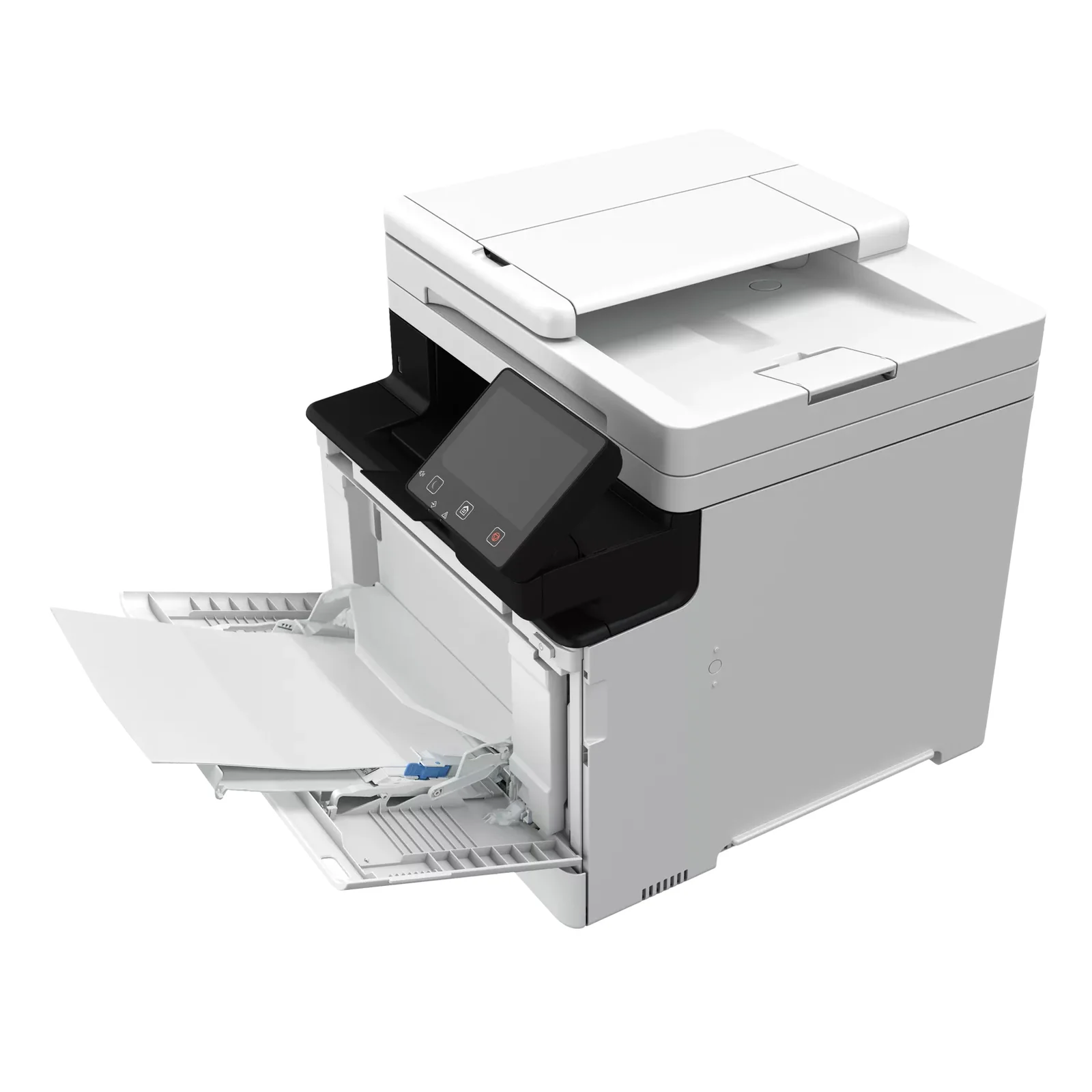 Canon MF754Cdw II en vue plongeante avec bac multifonctions ouvert chargé d'une feuille blanche, écran tactile sur la gauche