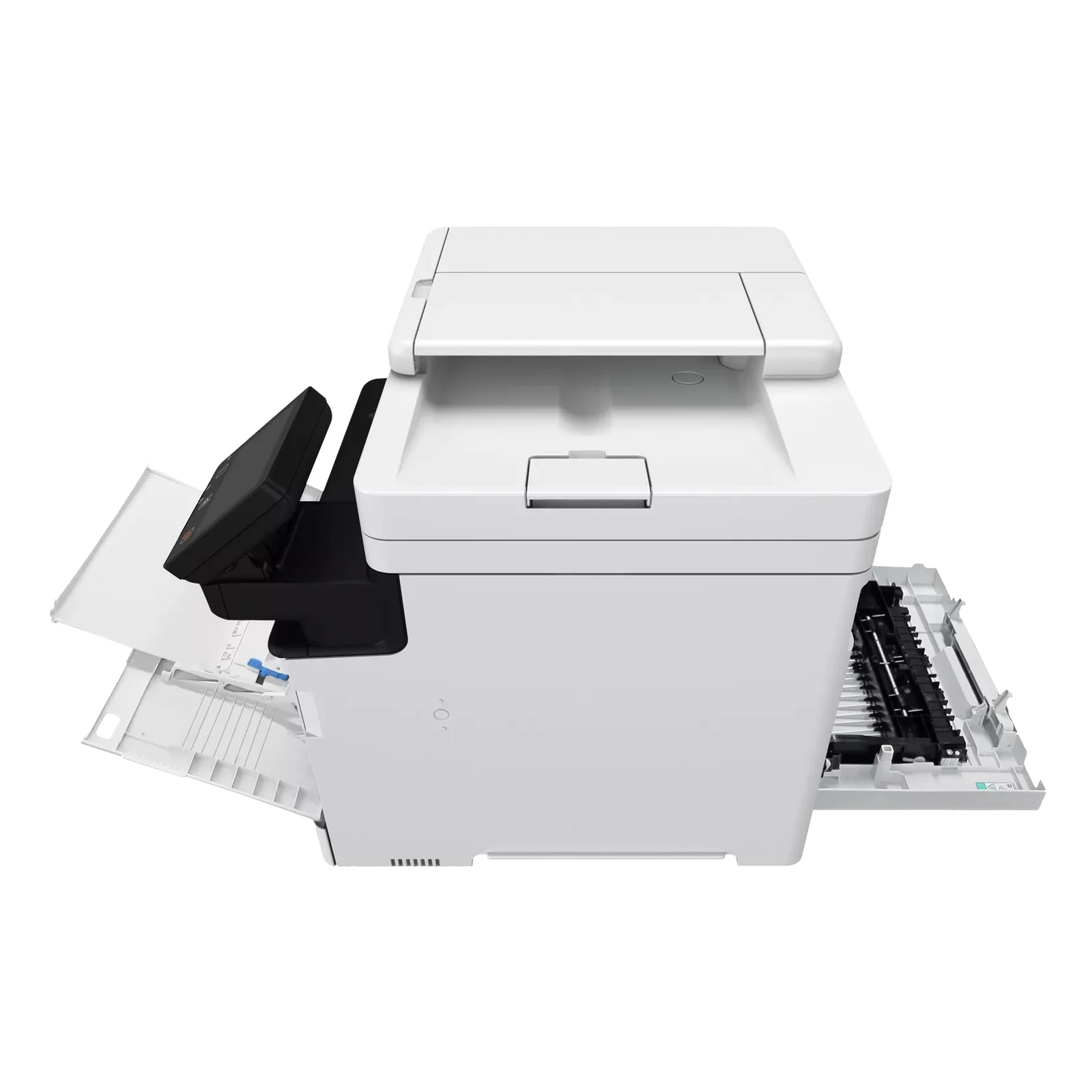 Vue trois quarts du Canon MF754Cdw II avec bac latéral et capot arrière ouverts révélant le module fuser noir