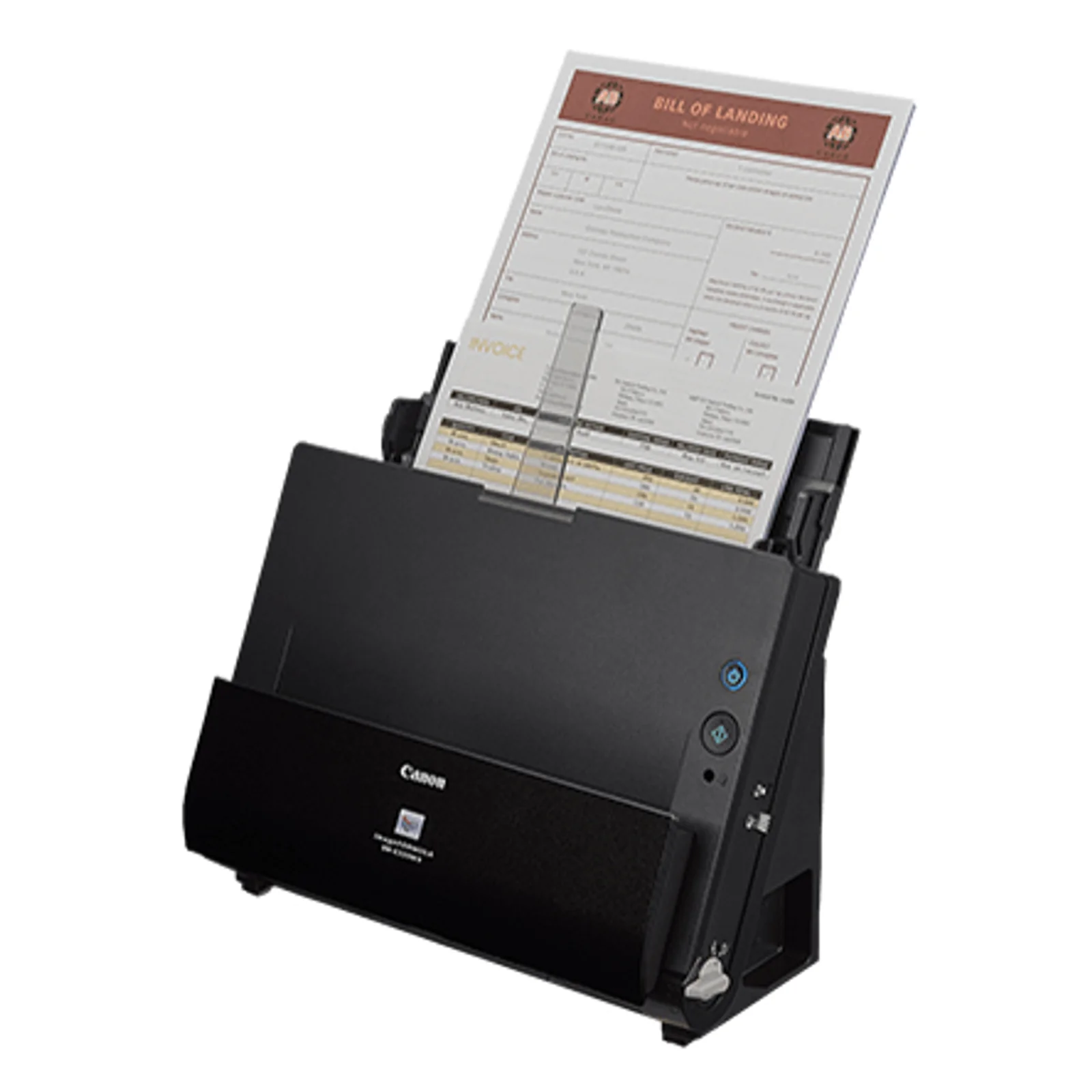 Scanner Canon DR-C225 II en cours de numérisation d'un bordereau, document engagé dans le chargeur droit et trappe avant fermée