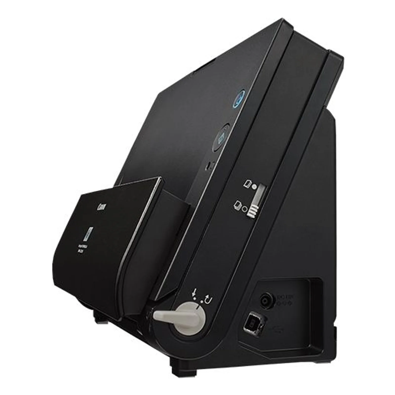 Vue arrière trois quarts du scanner Canon DR-C225 II noir avec port USB type B, prise d'alimentation et molette de sélection de chemin