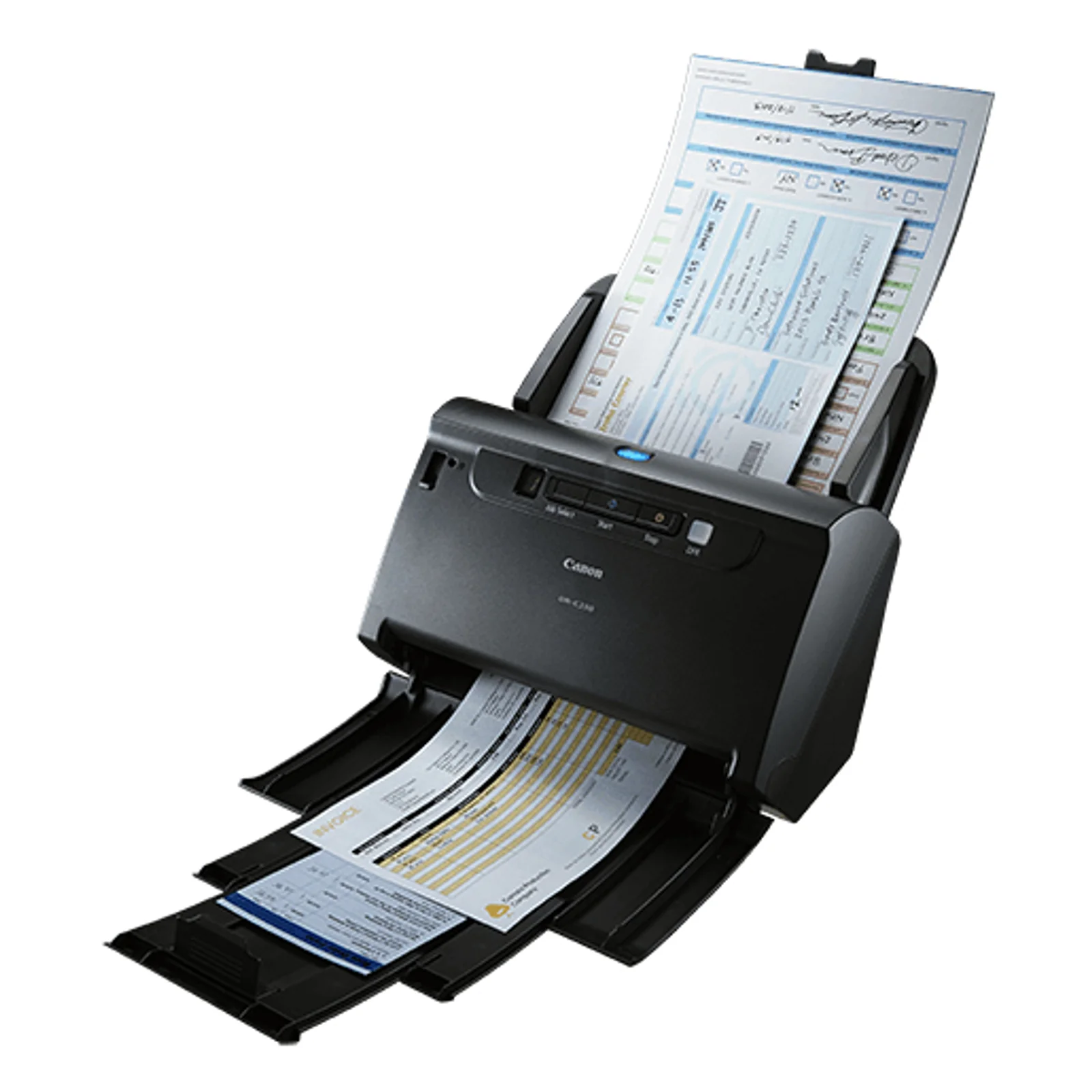 Scanner Canon DR-C230 en cours de numérisation, document A4 inséré dans le chargeur et page imprimée éjectée