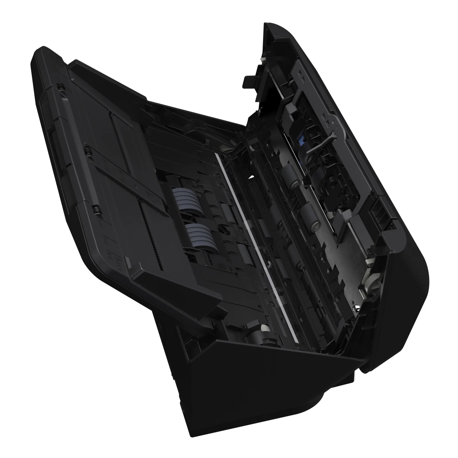 Vue intérieure du scanner Canon DR-C340 capot ouvert montrant les rouleaux d'entraînement et la zone de capteur