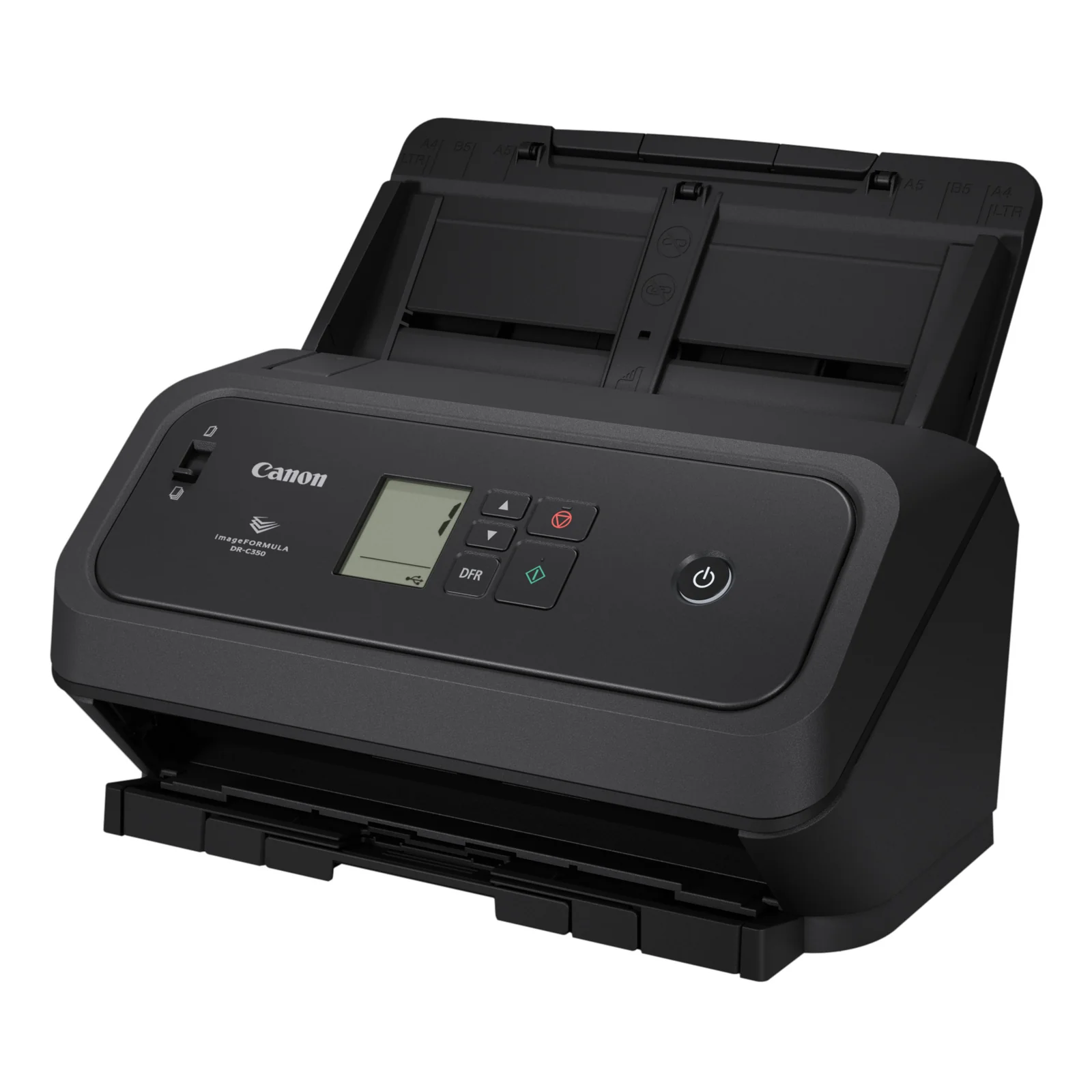 Scanner Canon imageFORMULA noir vu de face avec écran LCD allumé, boutons de pilotage et bac de sortie déployé