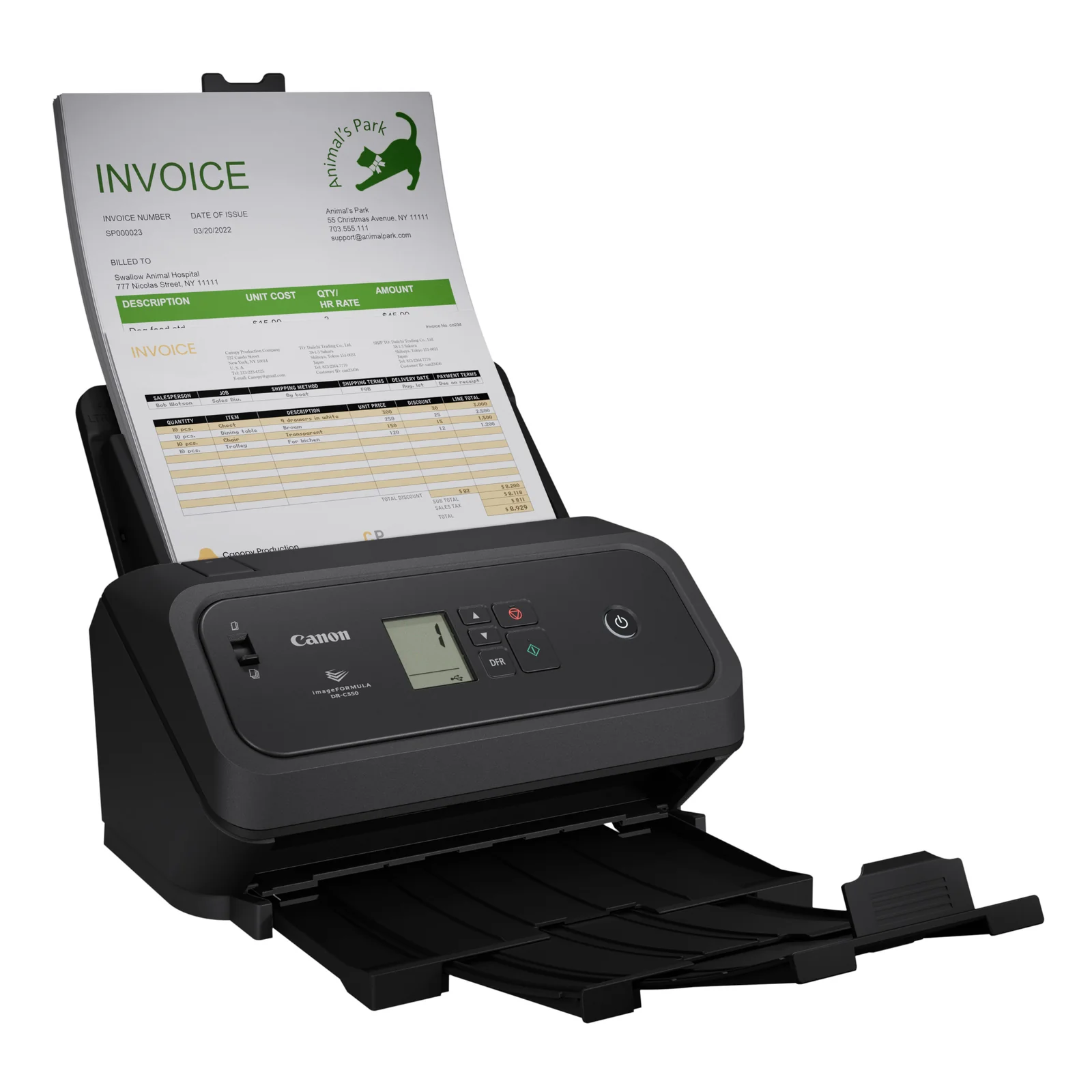 Document multipage chargé en biais dans le bac d'entrée du scanner Canon avec écran LCD visible et bac de réception en avant