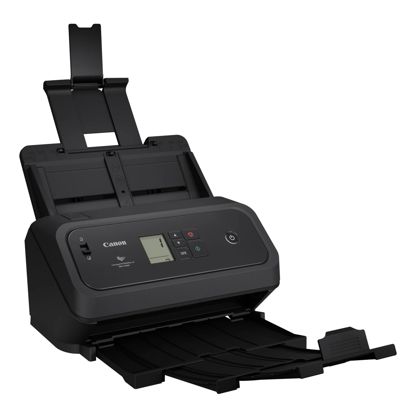 Scanner Canon noir vu de trois quarts avec rallonge de bac d'entrée déployée et bac de sortie complet sorti