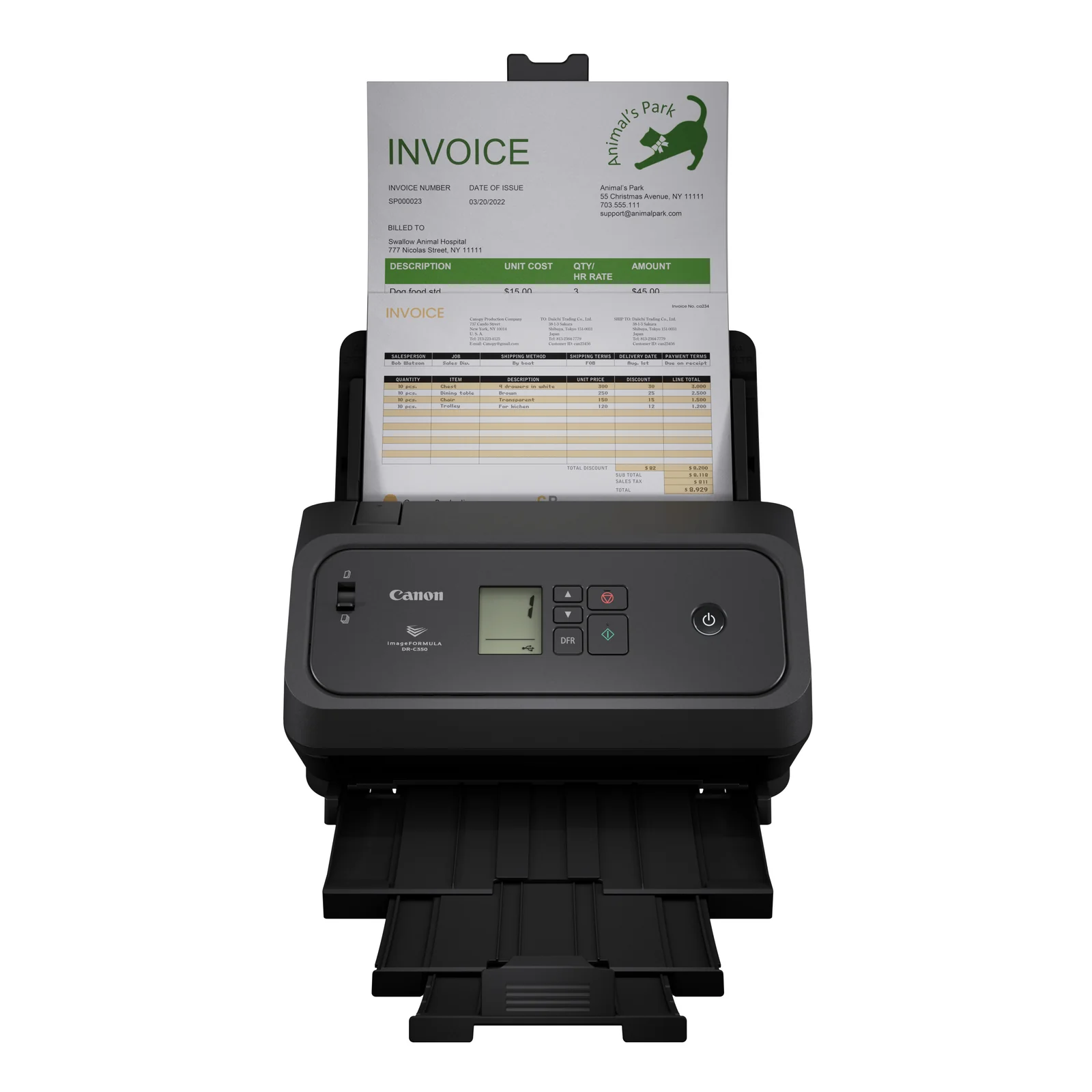 Scanner DR-C350 en cours d'utilisation avec une facture Invoice insérée dans le chargeur automatique 100 feuilles