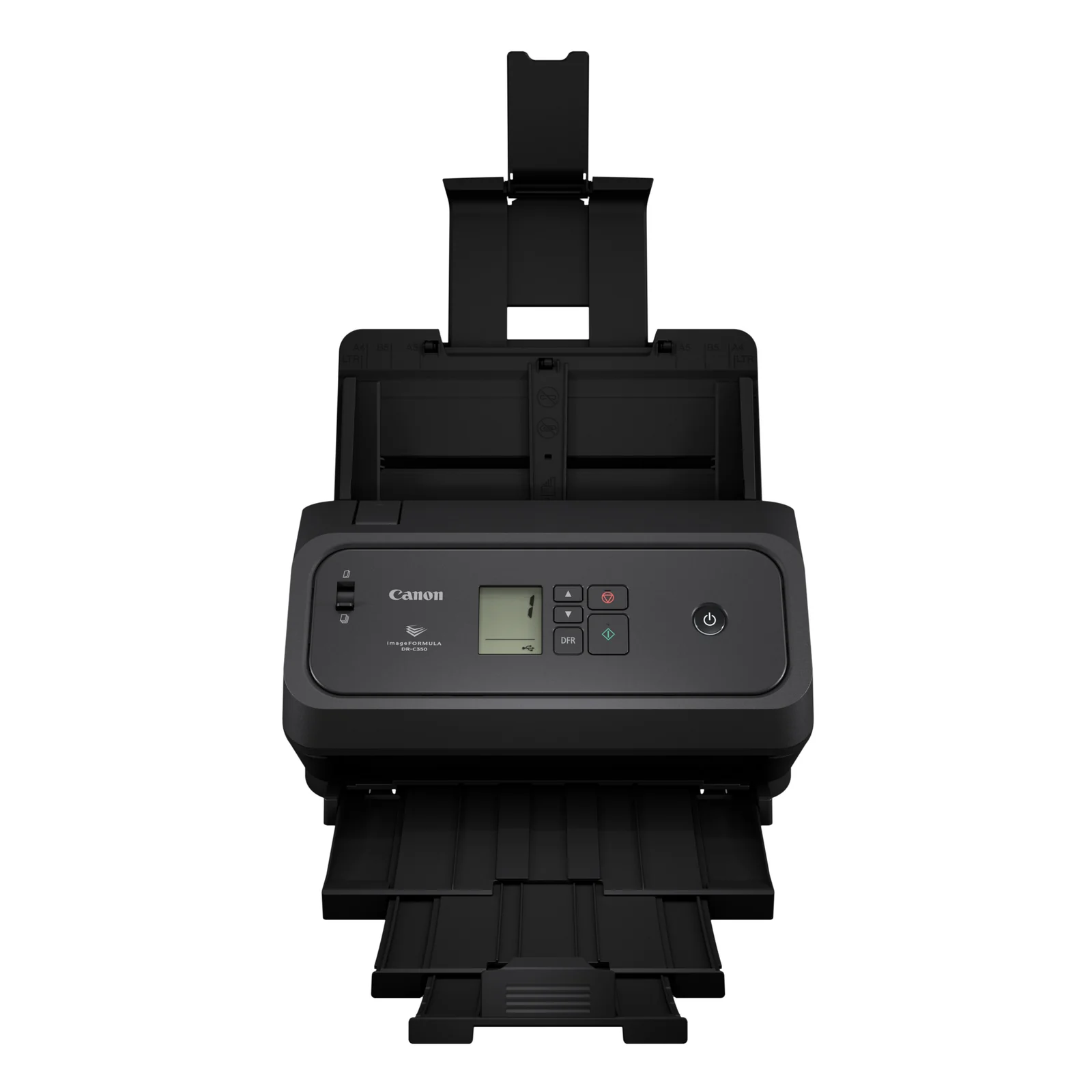 Canon DR-C350 vu de face avec bac de sortie déployé prêt à recevoir les documents numérisés en sortie U