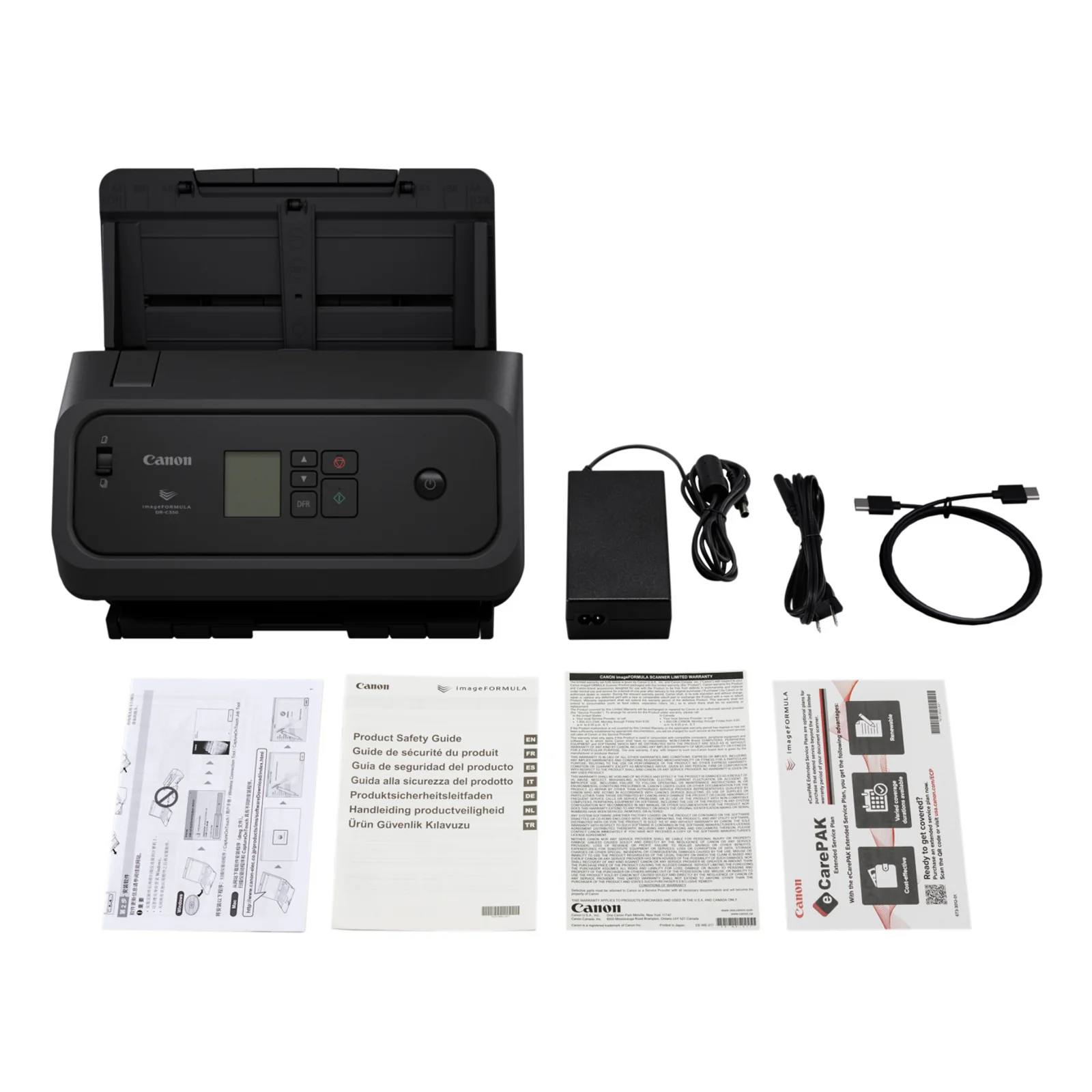Contenu de la boîte du scanner DR-C350 unité principale bloc d'alimentation câble secteur câble USB et documentation