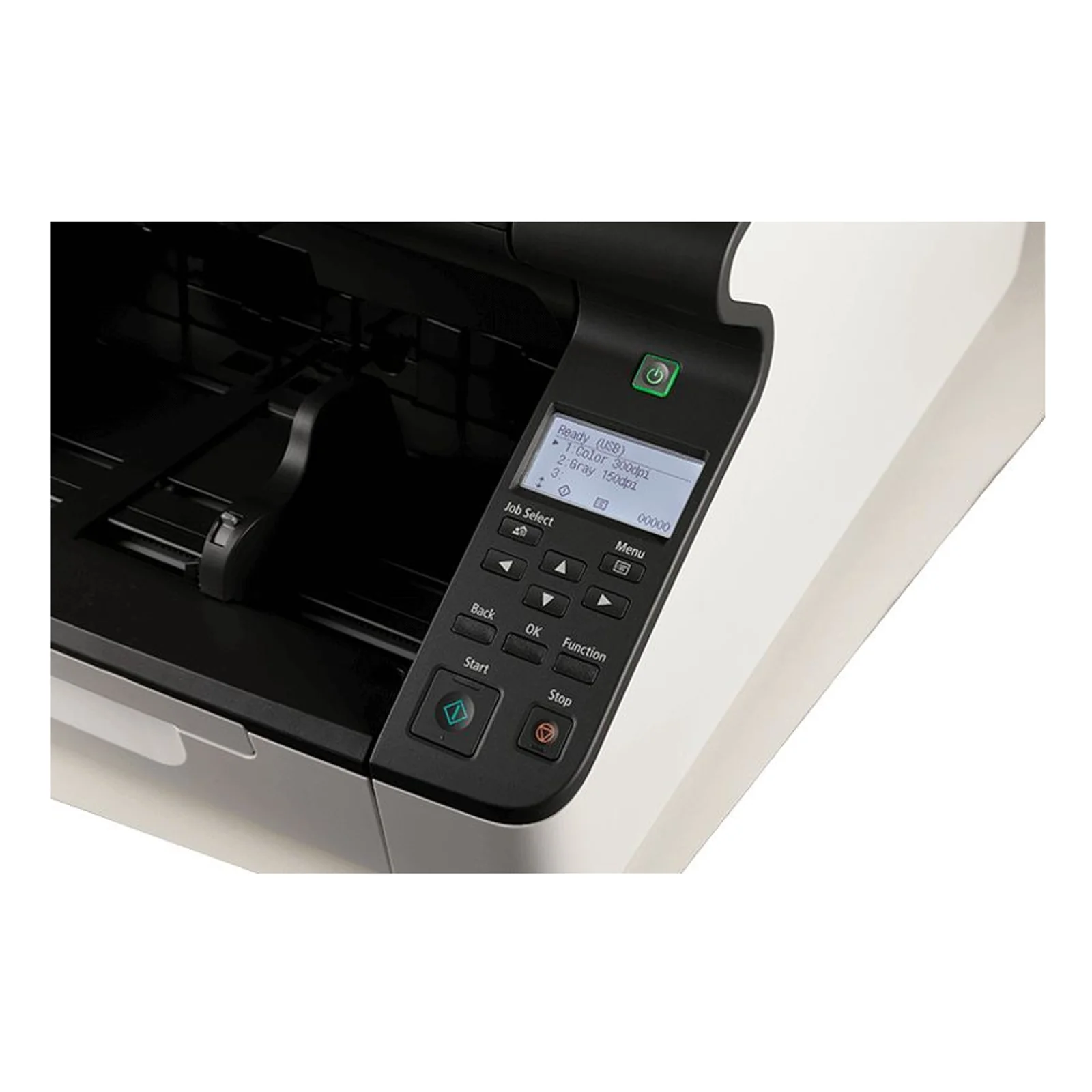 Gros plan sur le panneau de commande du DR-G2110 avec écran LCD affichant Color 300dpi et touches Job Select Menu Start Stop